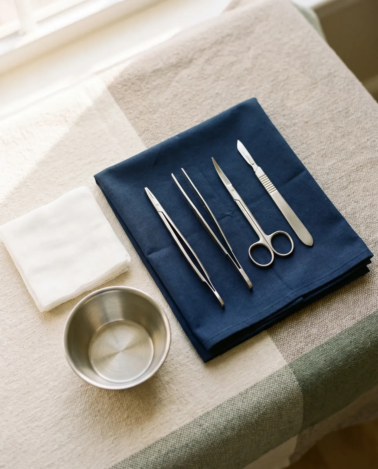 Fine minor-surgery instruments laid out on a folded navy sterile drape