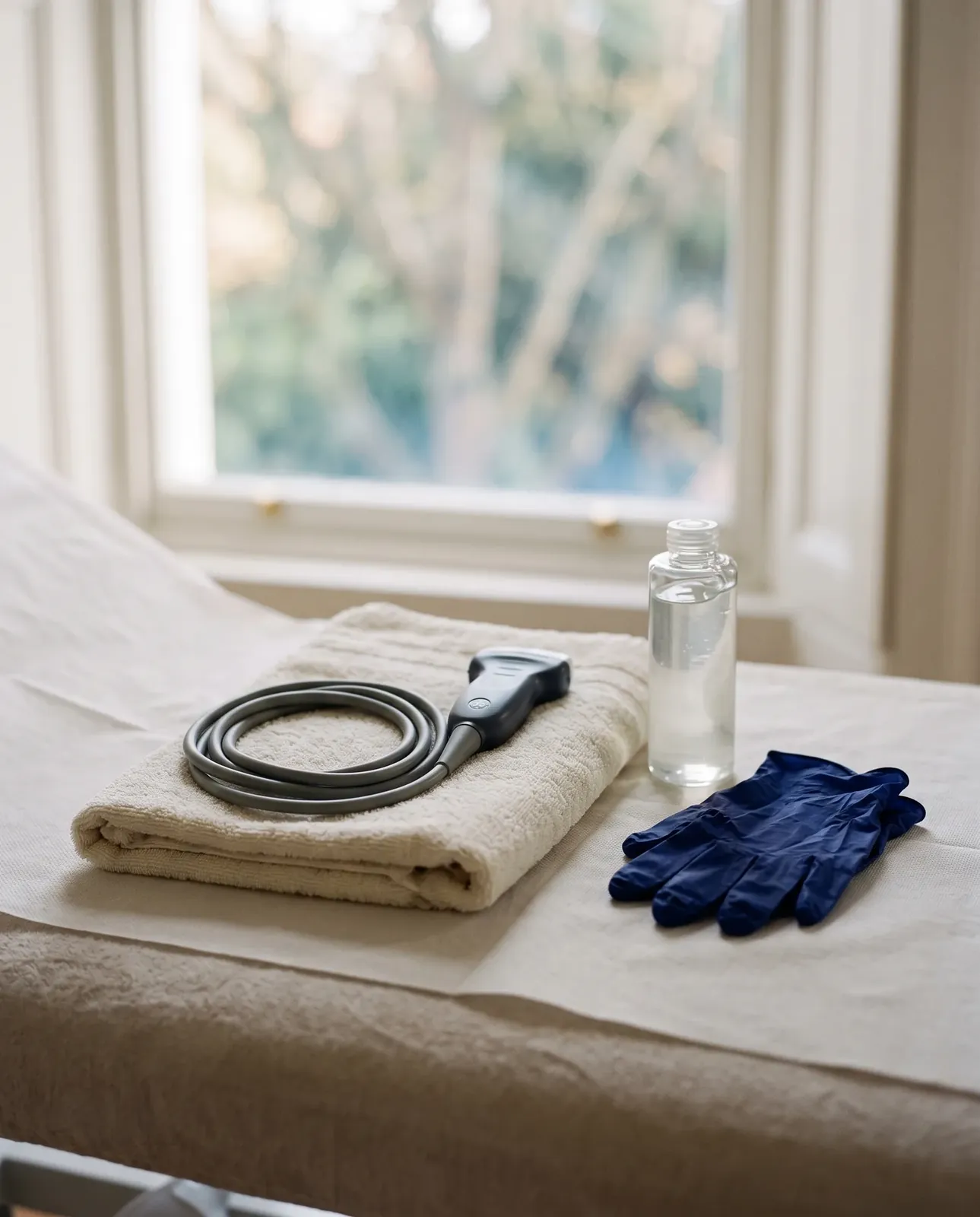 An ultrasound probe resting on a folded towel on a treatment couch