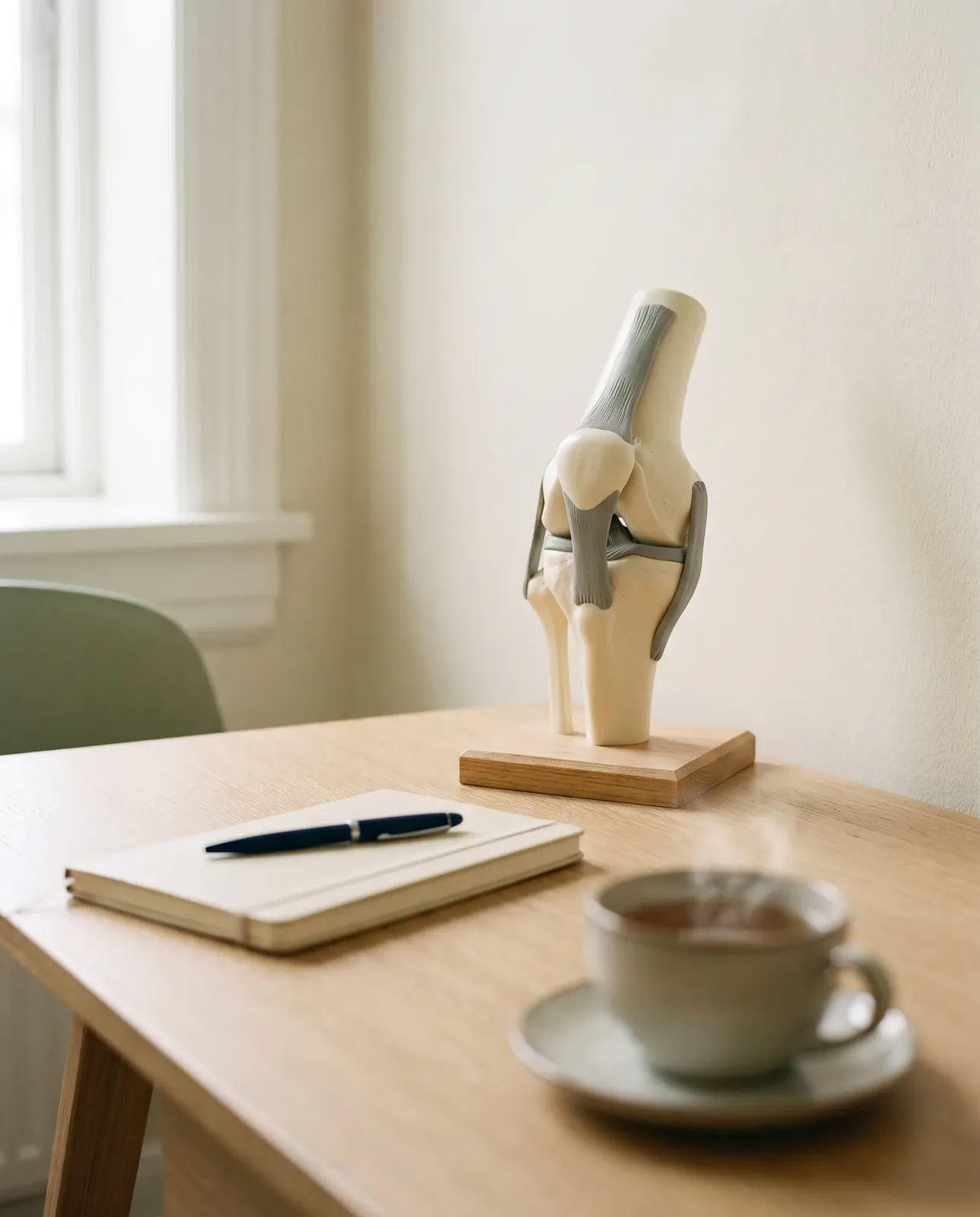 A teaching model of the knee joint on a consulting-room desk