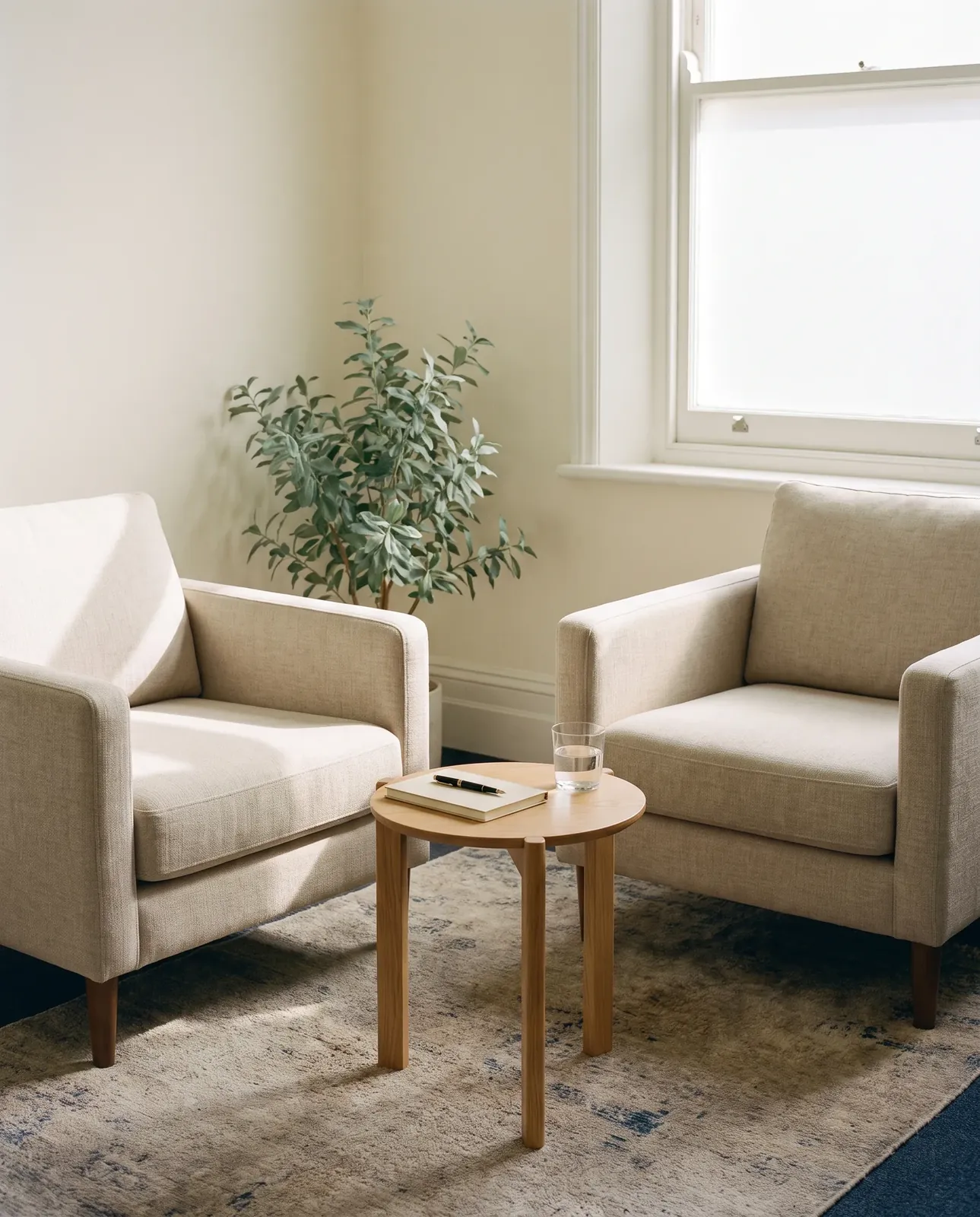 Two armchairs angled towards each other in a calm consulting room