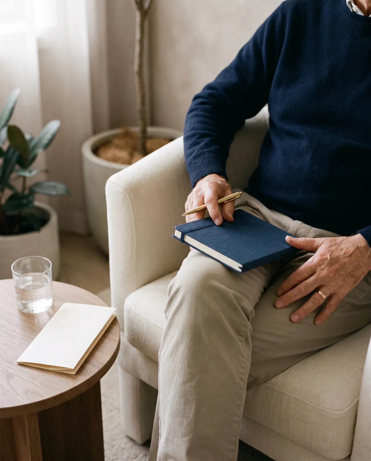 Someone seated in a clinic armchair with a notebook and pen on their lap, one hand resting on an aching knee