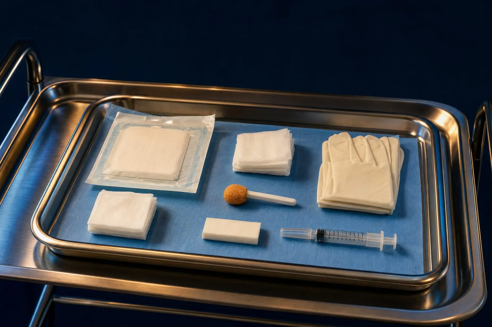 A sterile procedure tray laid out with dressings, gloves and swabs before a knee injection
