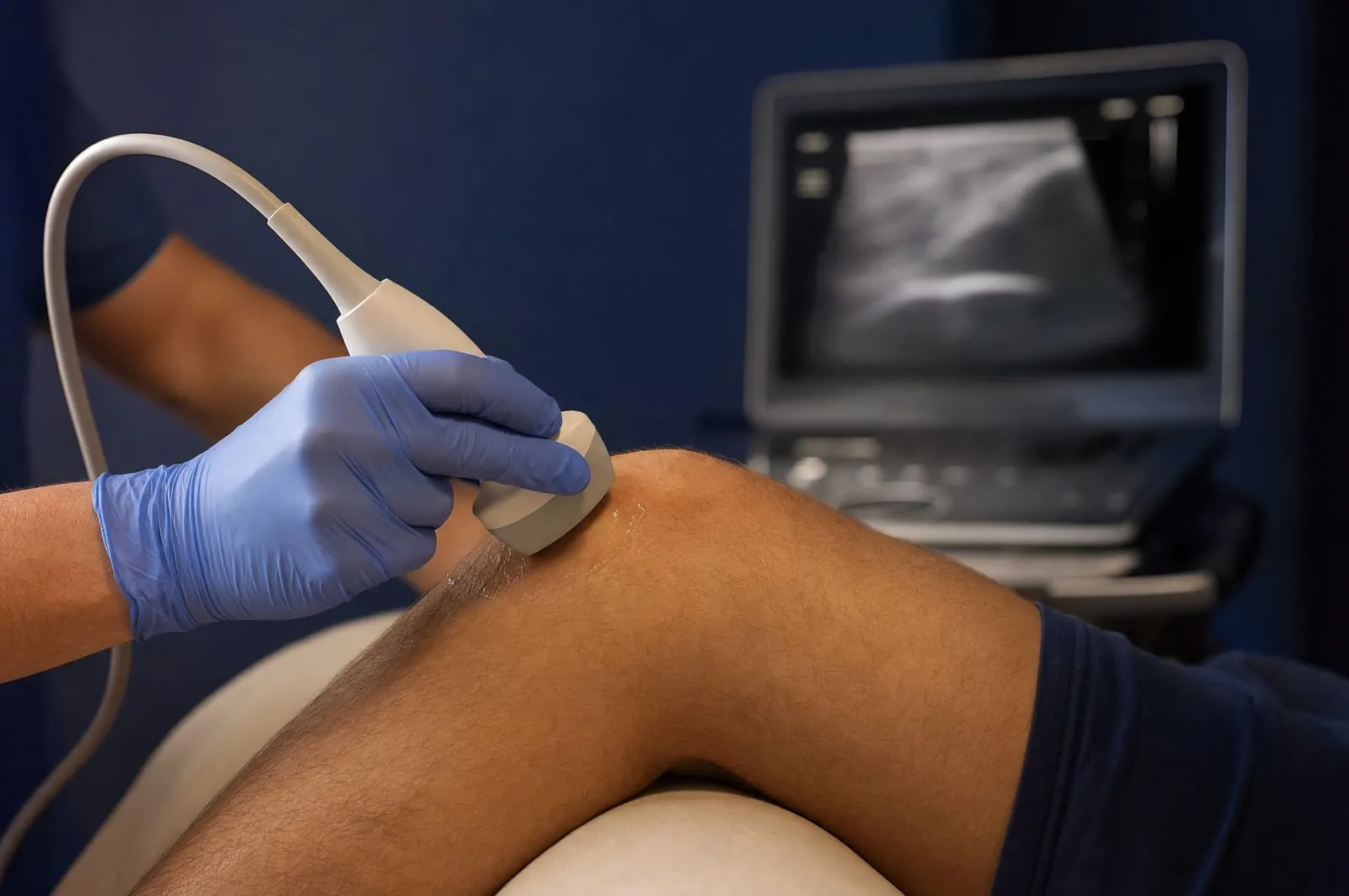 A gloved hand holding an ultrasound probe against the side of a knee, with the scan on a screen behind