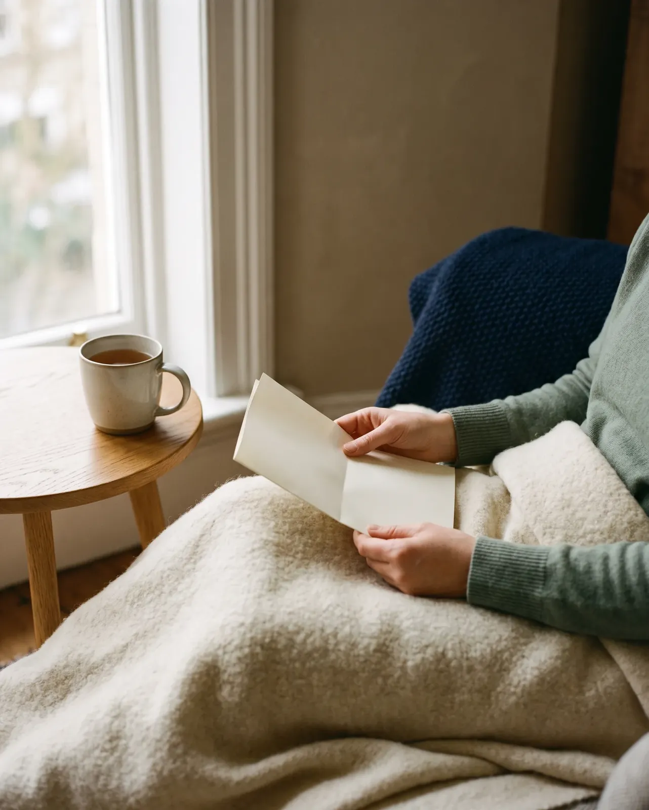 Resting in an armchair with a blanket and a cup of tea, holding a folded leaflet