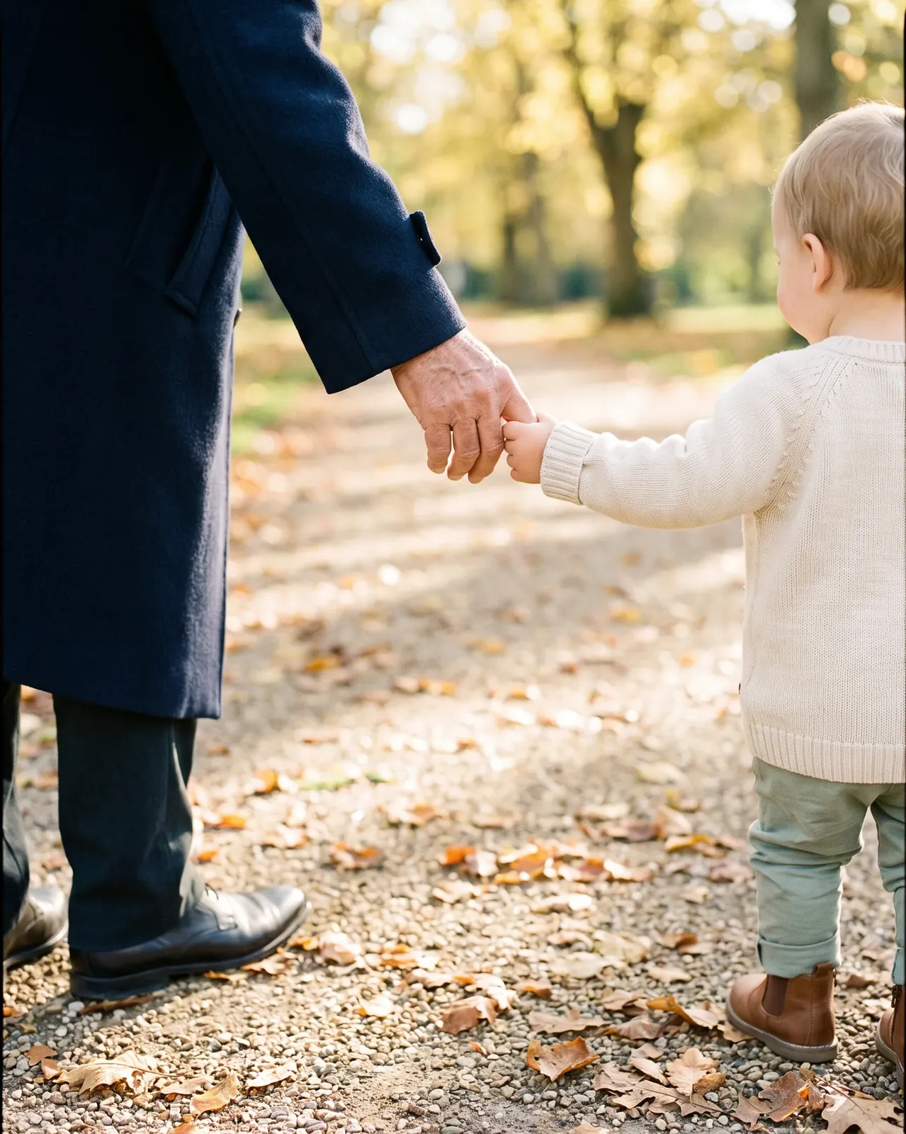 An older adult in a navy coat holding a toddler’s hand on an autumn path