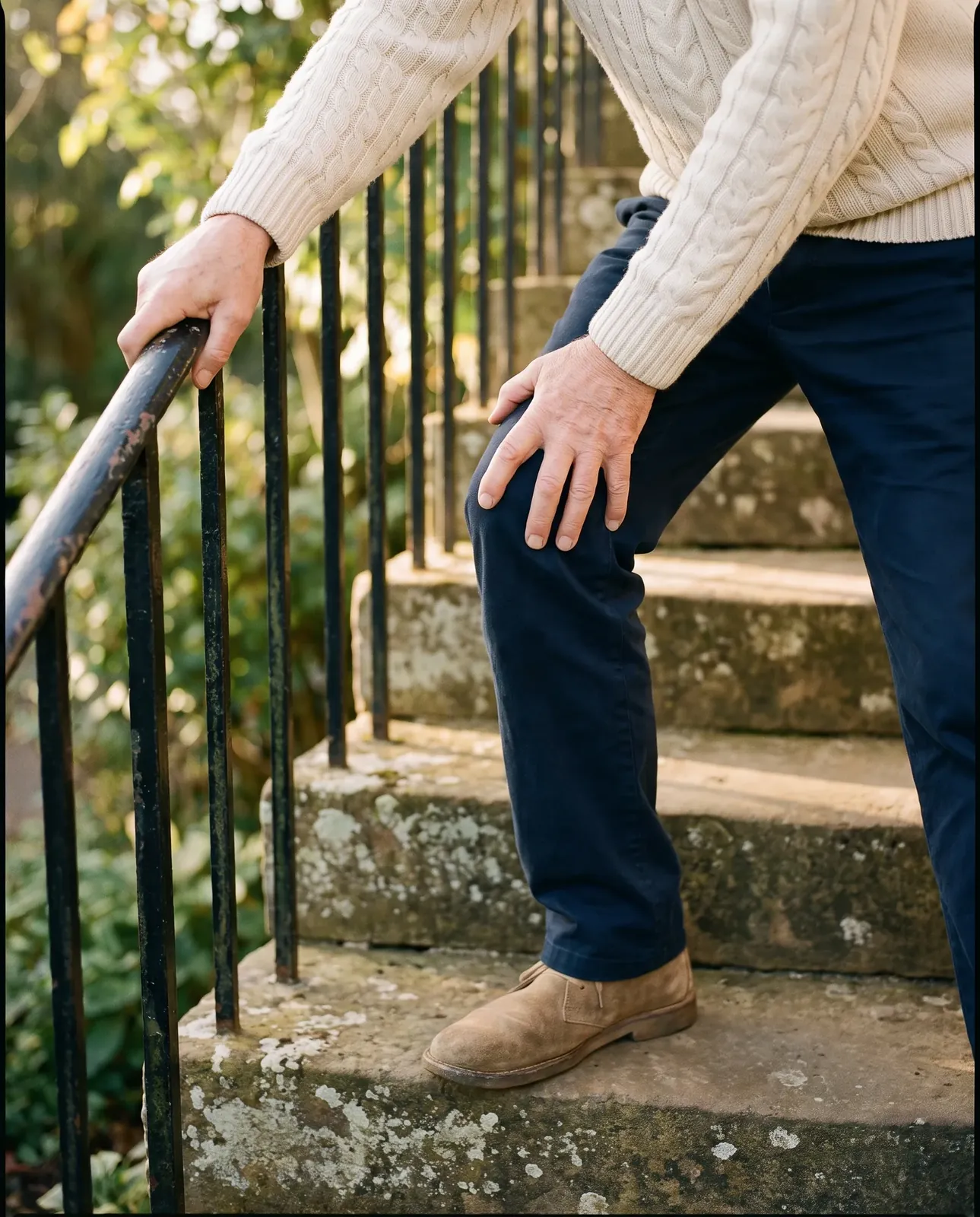 Someone paused on old stone garden steps, gripping the iron rail with one hand and pressing the other on an aching knee