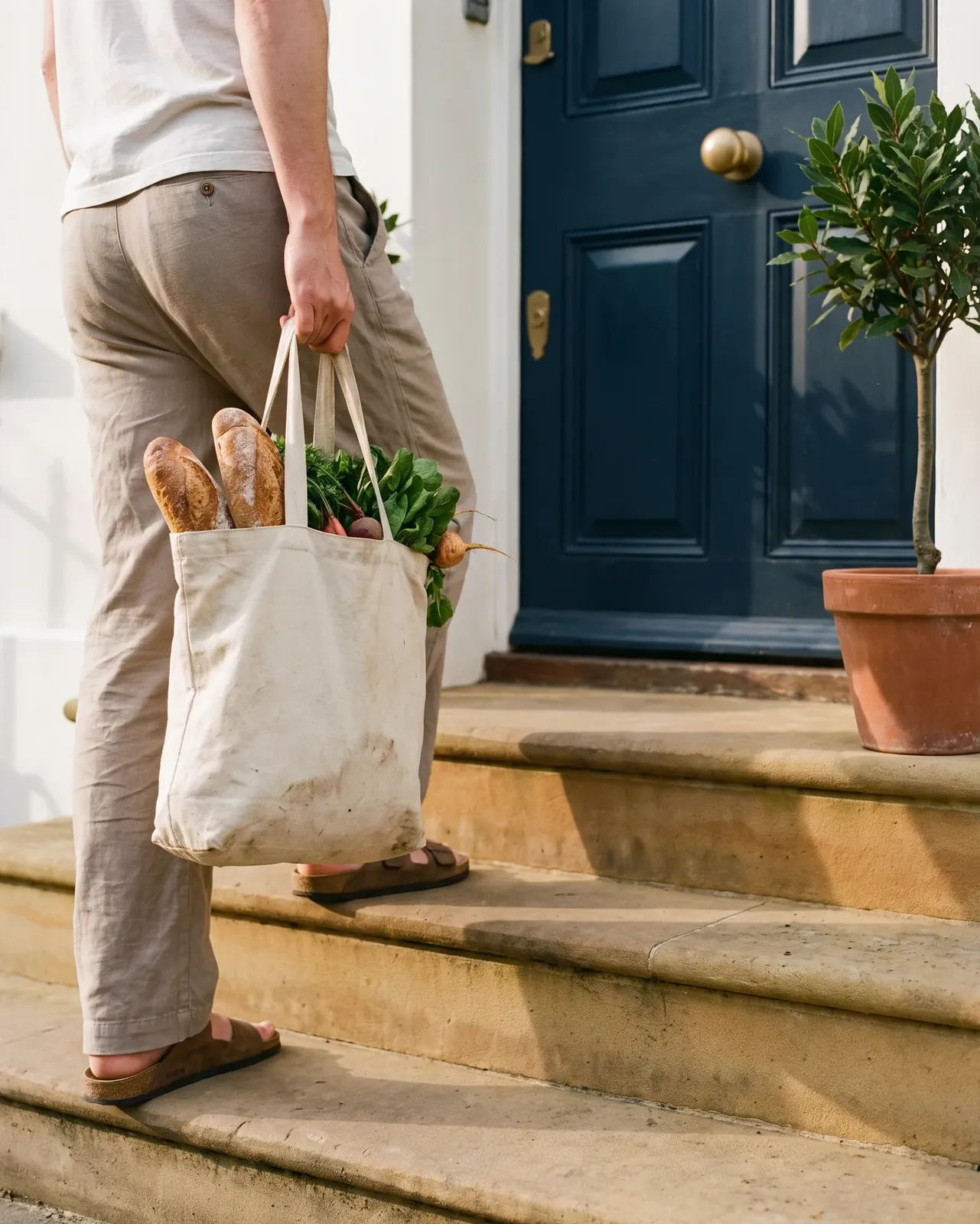 Carrying a bag of shopping up stone steps to a front door