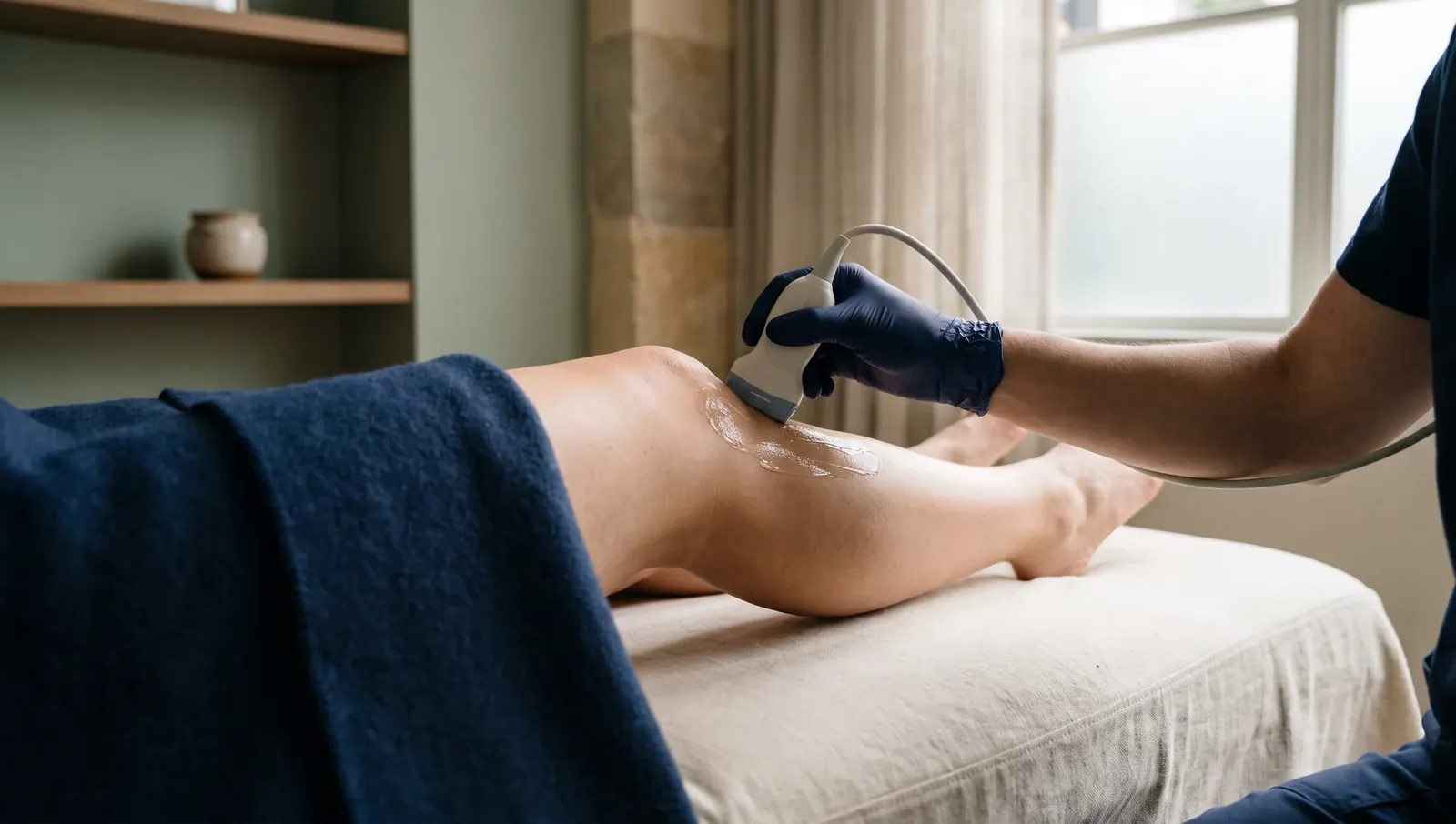 A gloved hand holding an ultrasound probe on the outer side of a patient's knee