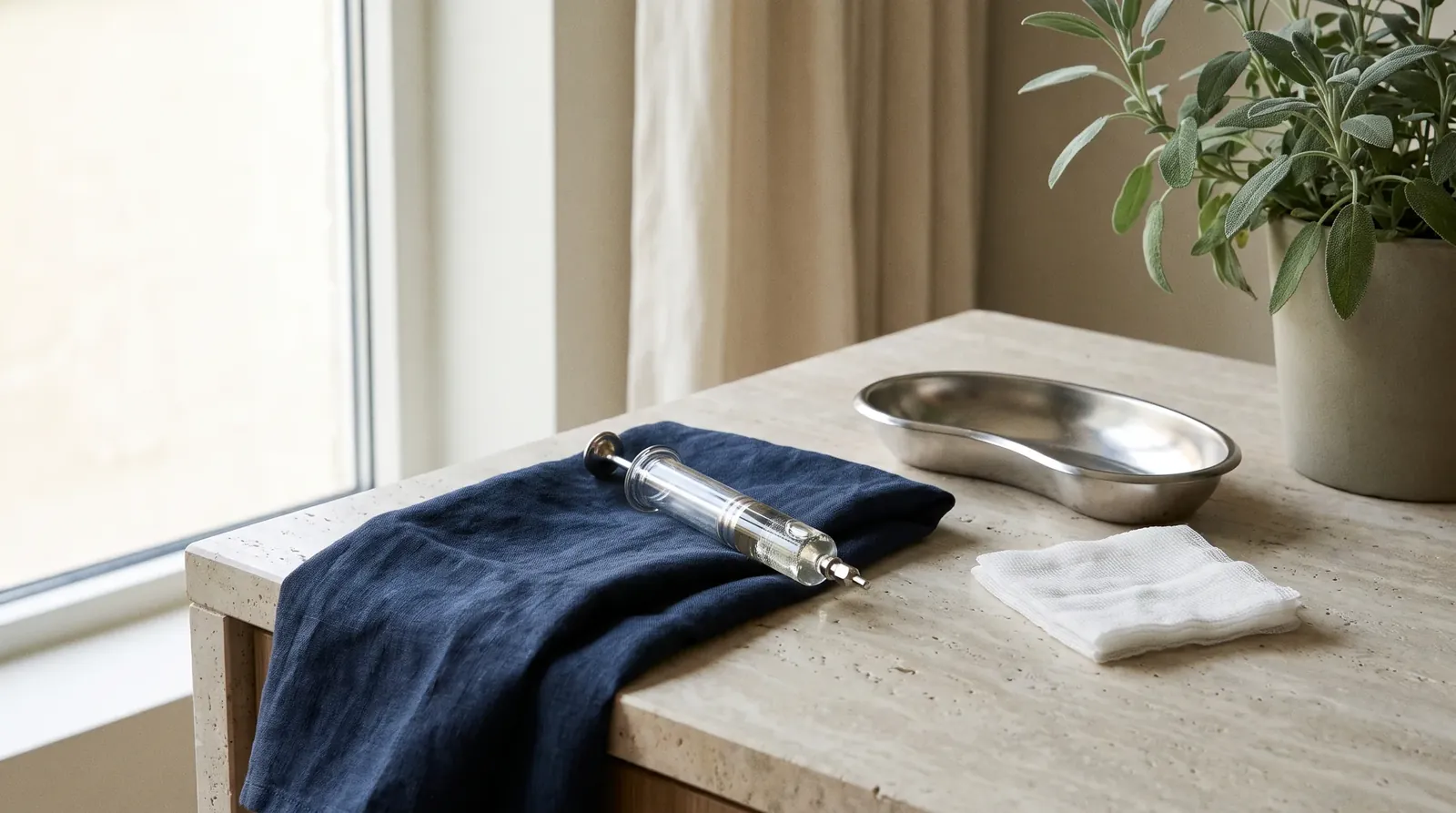 A glass syringe of clear gel resting on a navy linen cloth beside a steel dish and gauze