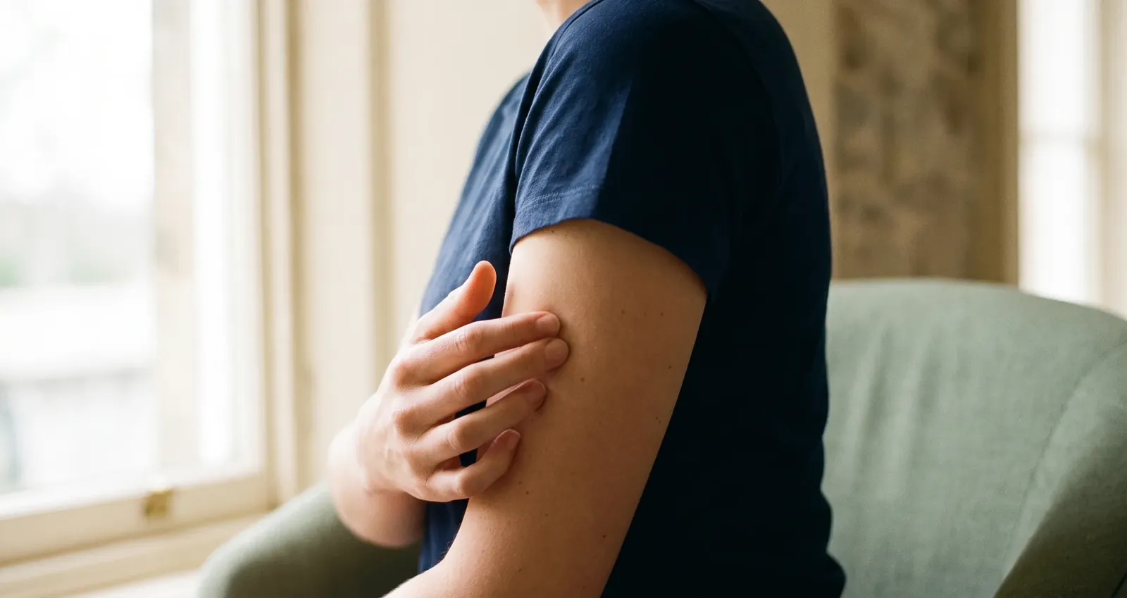 A person gently feeling the back of their upper arm