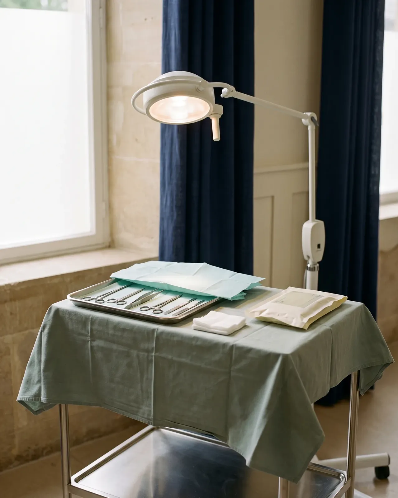 A minor surgery suite prepared for a procedure: sterile instruments on a draped tray beneath a surgical lamp
