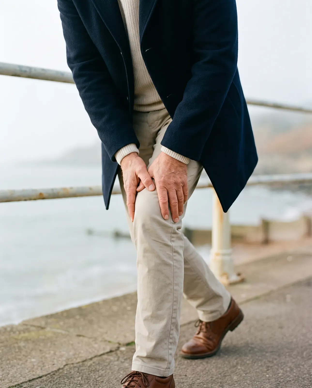 A walker in a navy coat stopped on a seaside promenade, bending forward with both hands on an aching knee