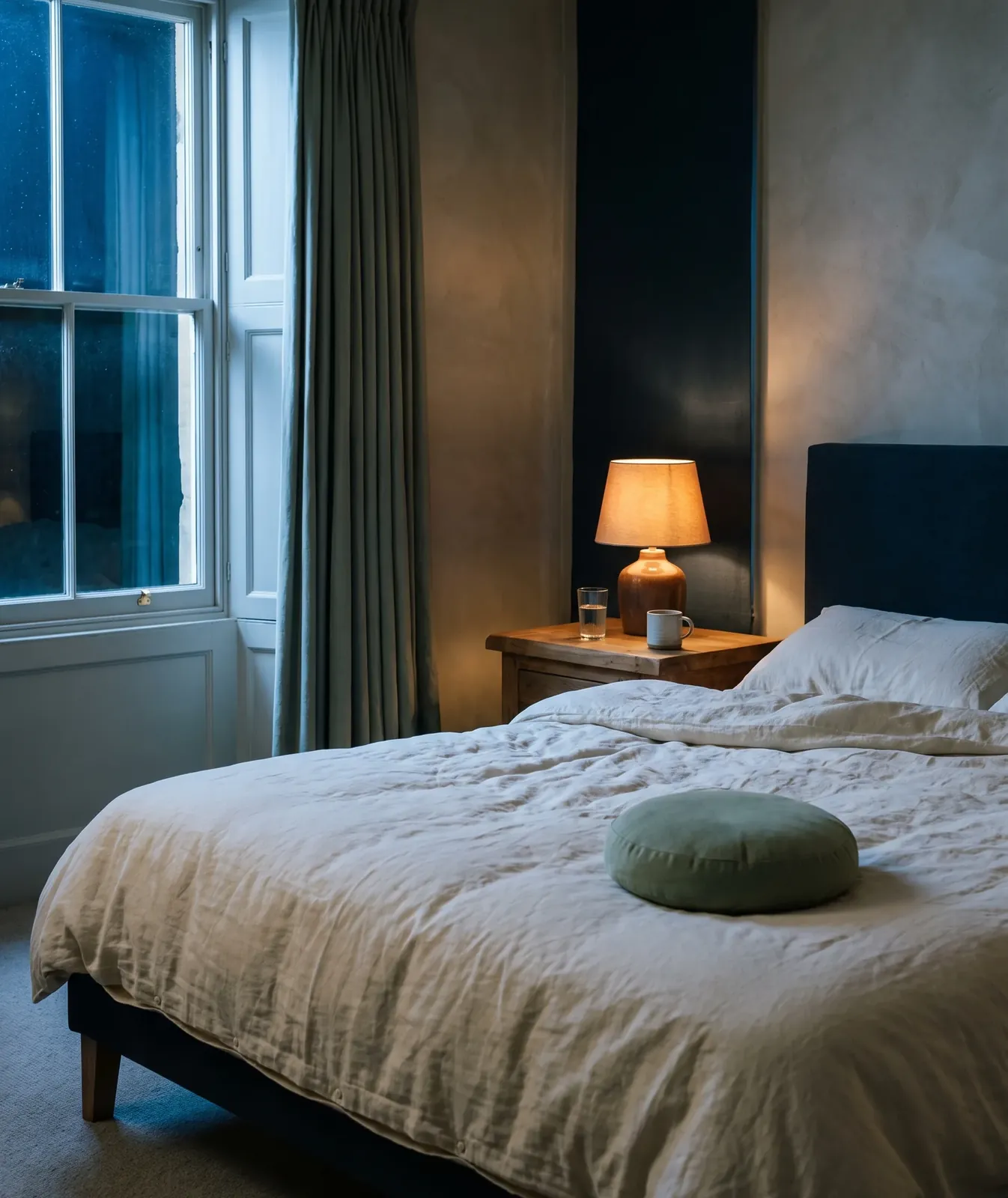A bedroom at night, the bedside lamp on
