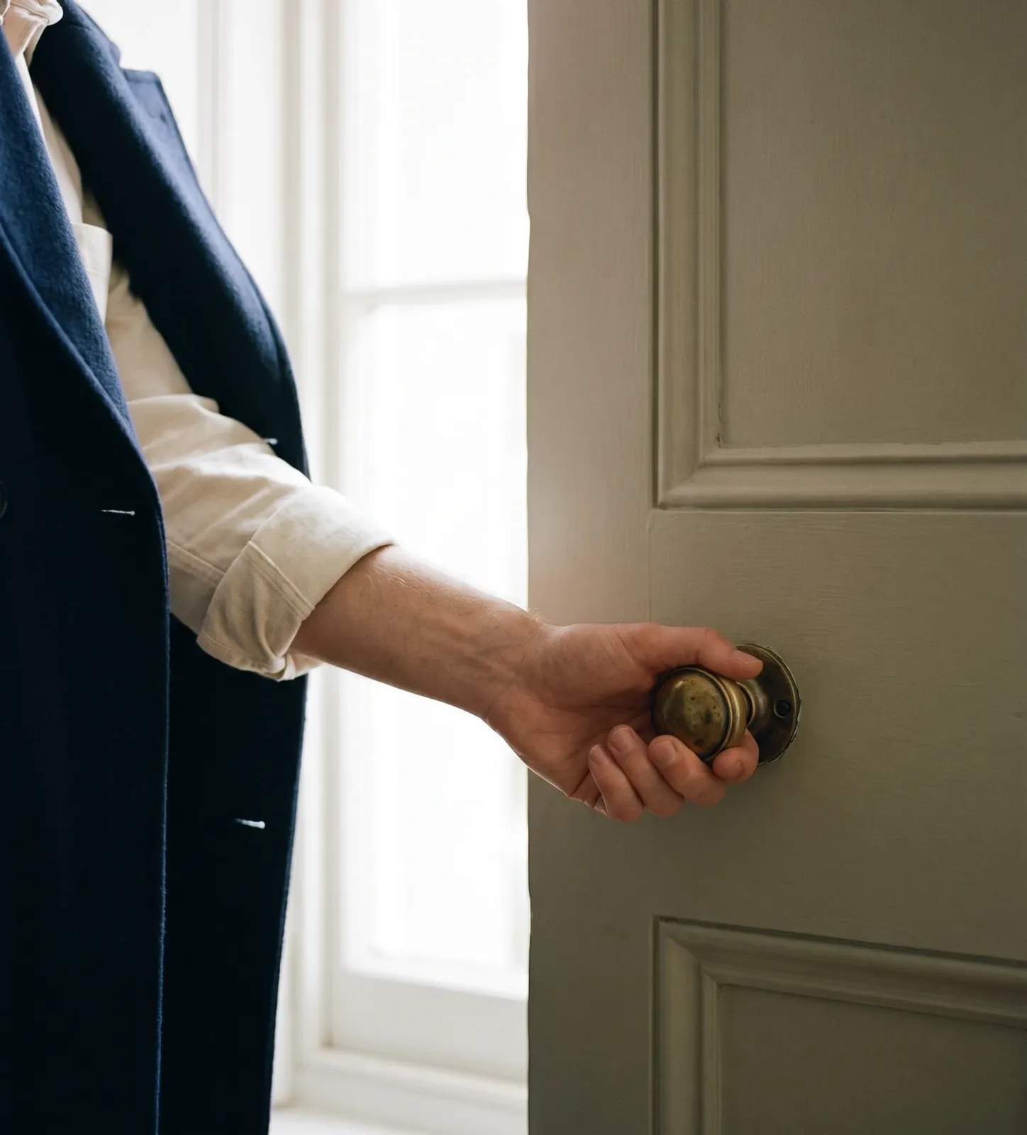 A hand in a rolled linen sleeve turning an antique brass door knob on a sage-green door