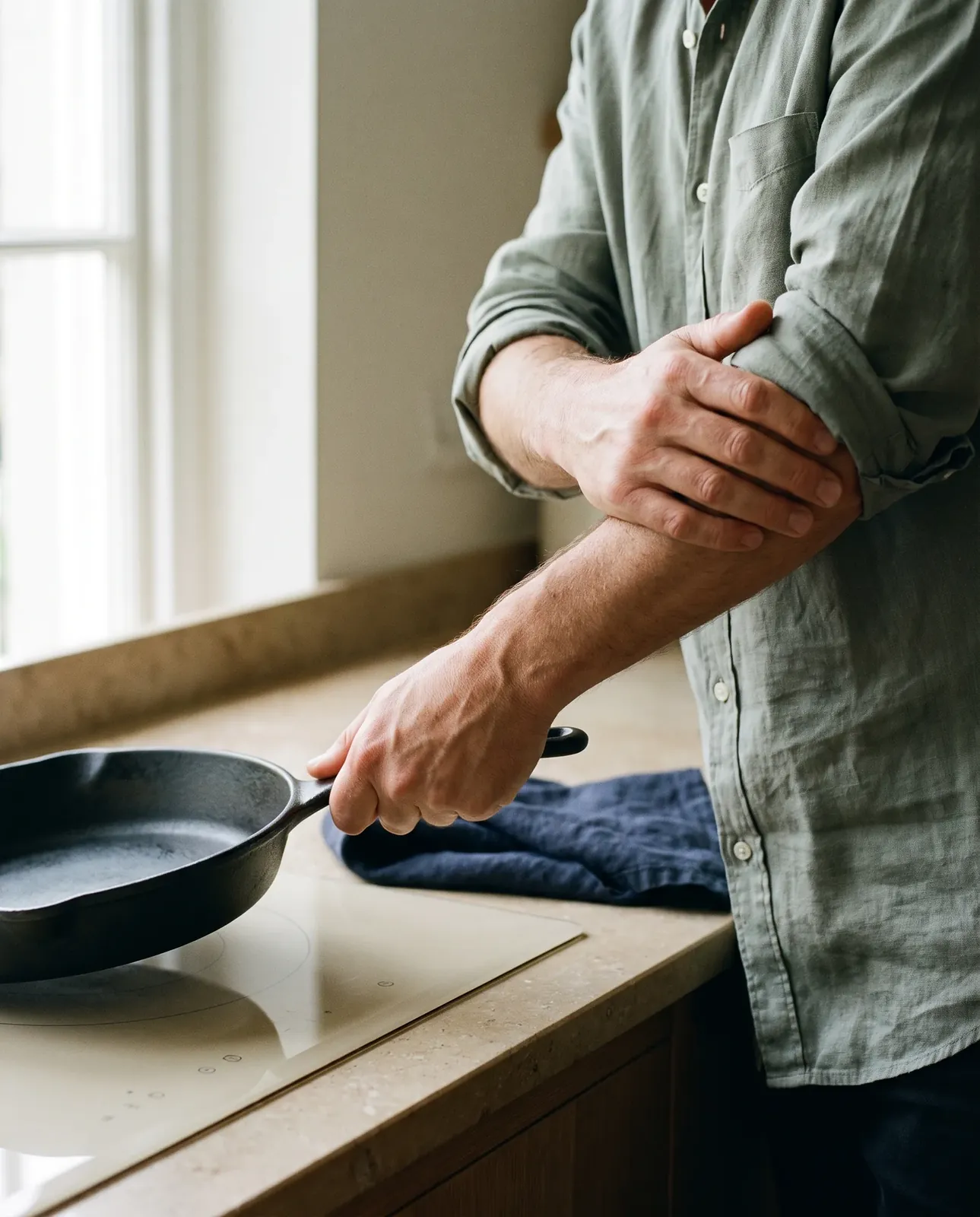 A man in a linen shirt lifting a cast-iron pan from the hob, his other hand clutching the outside of his elbow