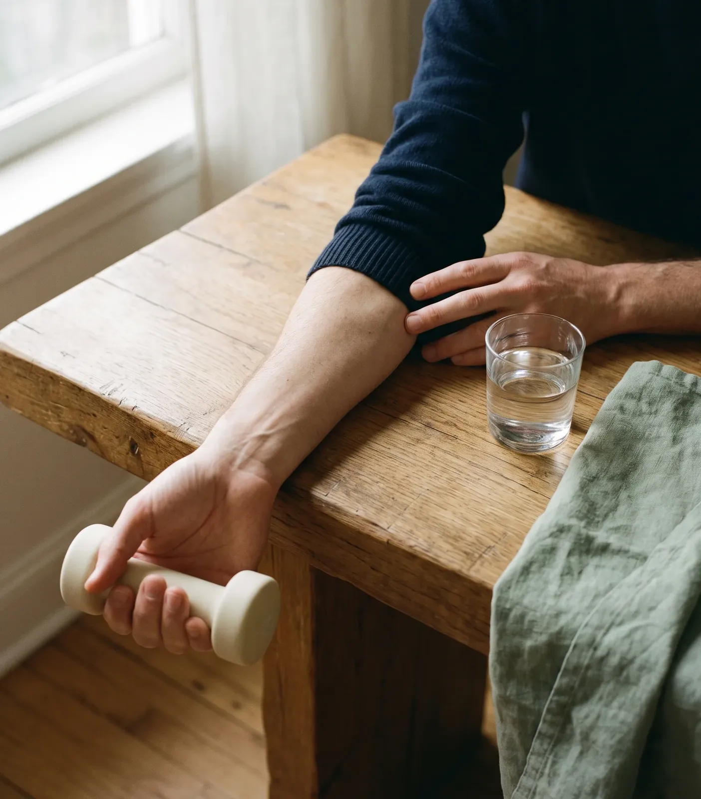 A forearm resting on the edge of an oak table, the hand slowly curling a small cream hand weight