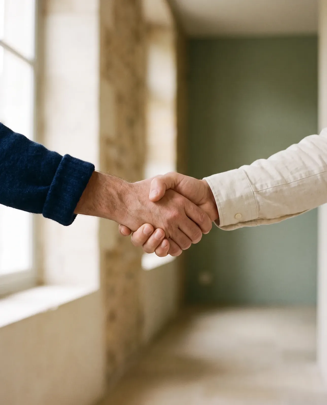 Two people shaking hands in a softly lit hallway, one in a navy jumper, one in a linen shirt