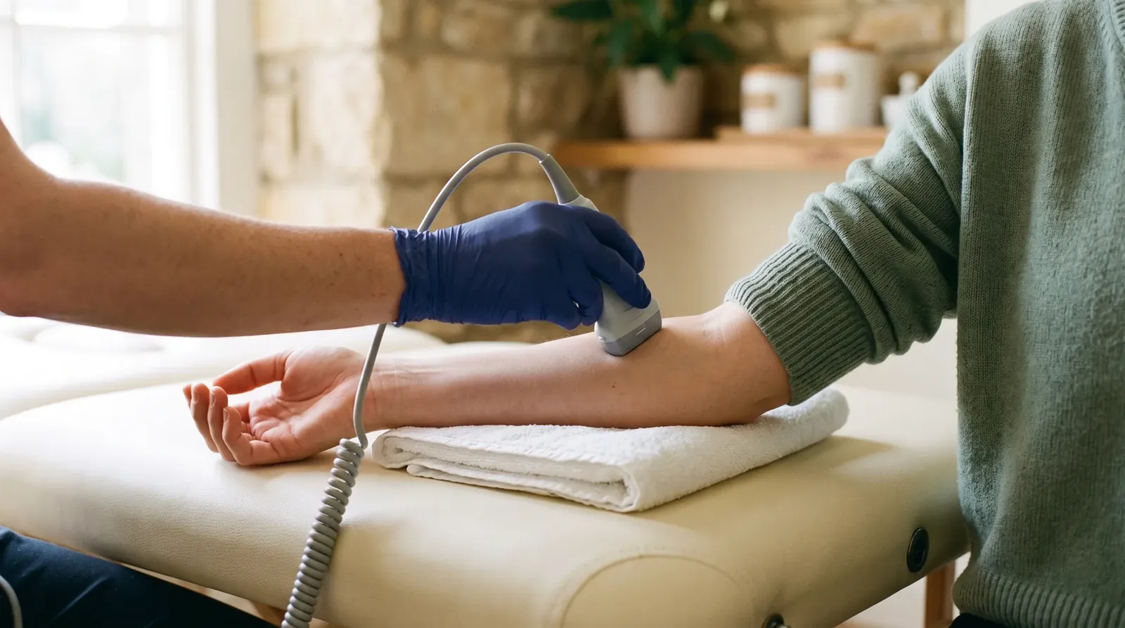 A clinician's gloved hand holding an ultrasound probe on a patient's forearm, just below the elbow