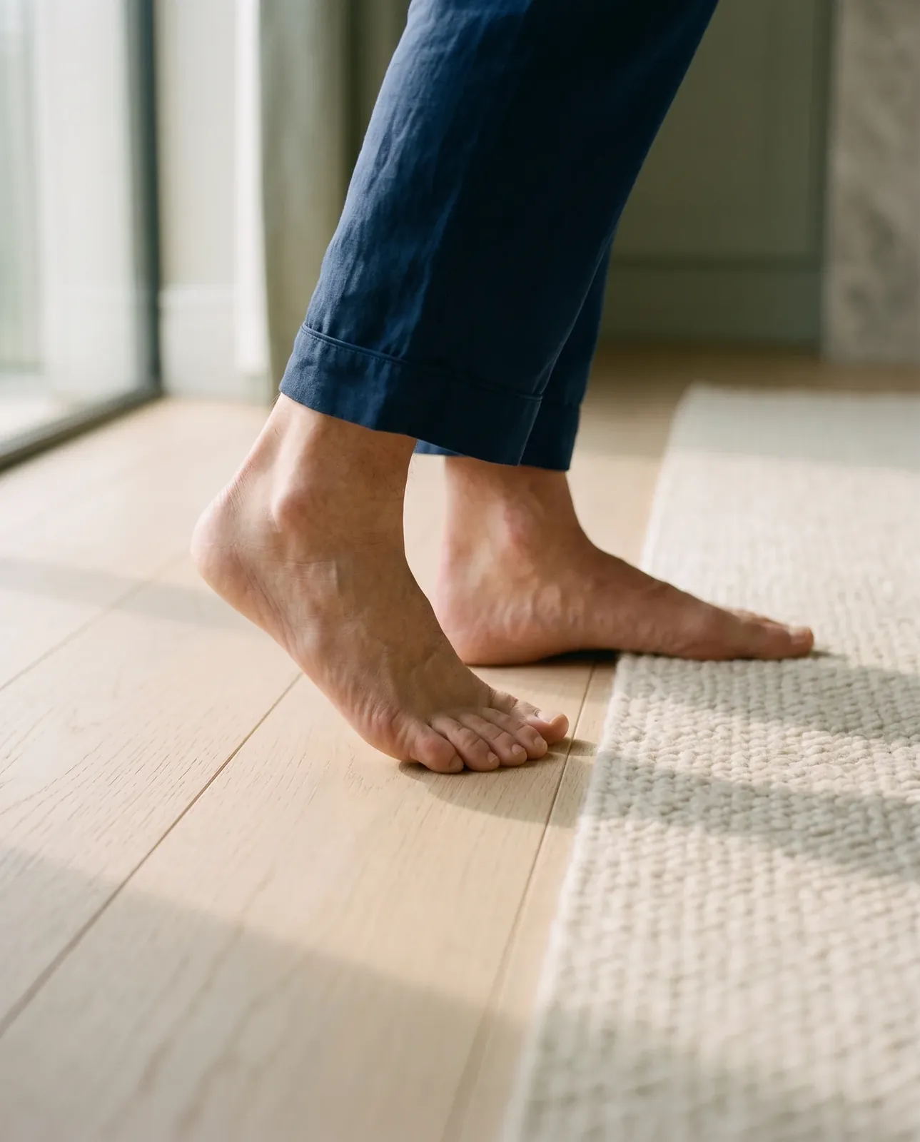 Bare feet taking a first step onto pale oak floorboards beside a wool rug