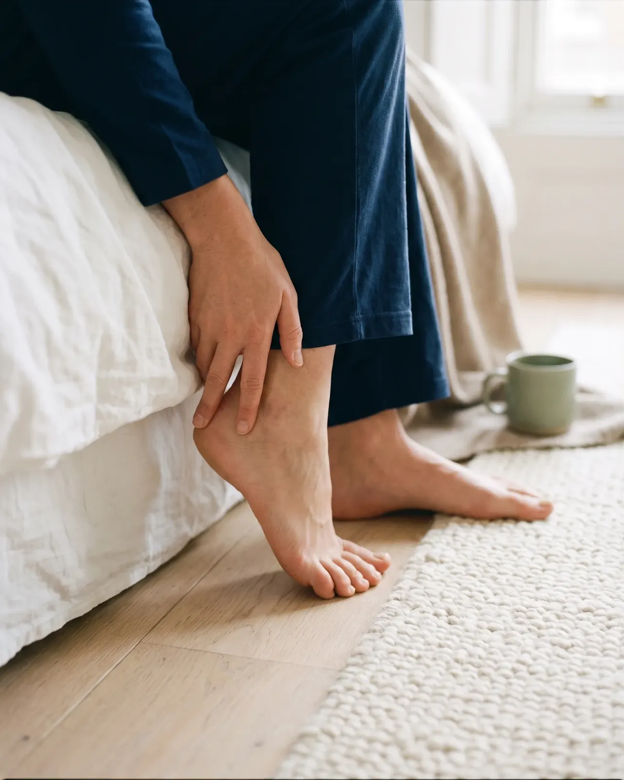 A bare foot lifting its heel off a bedroom floor on the first step of the day, one hand pressed to the heel