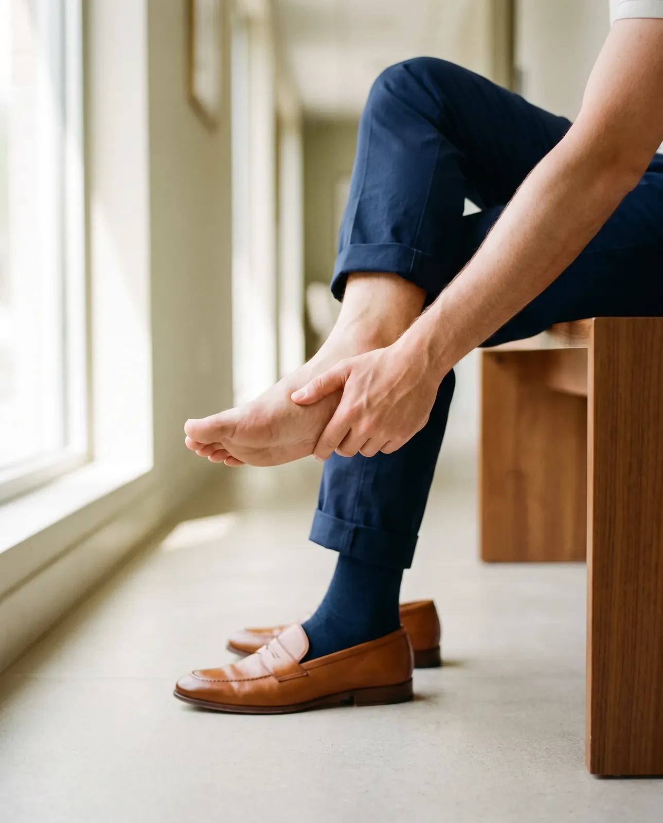 Sitting on a hallway bench, a man slips off a tan loafer to rub the sole of his foot