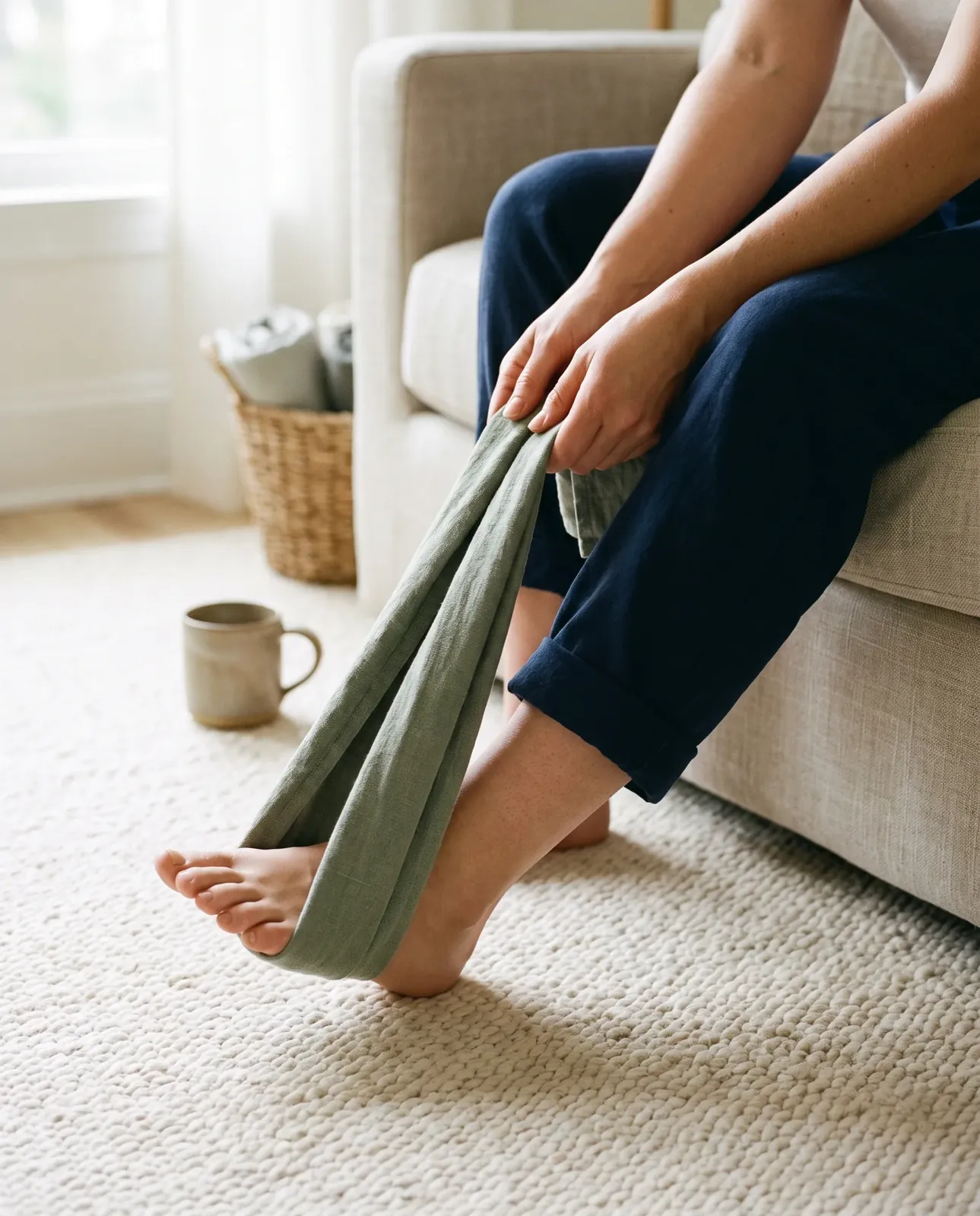Seated on a sofa, a person gently pulls a sage towel looped around the ball of the foot in a calf and sole stretch
