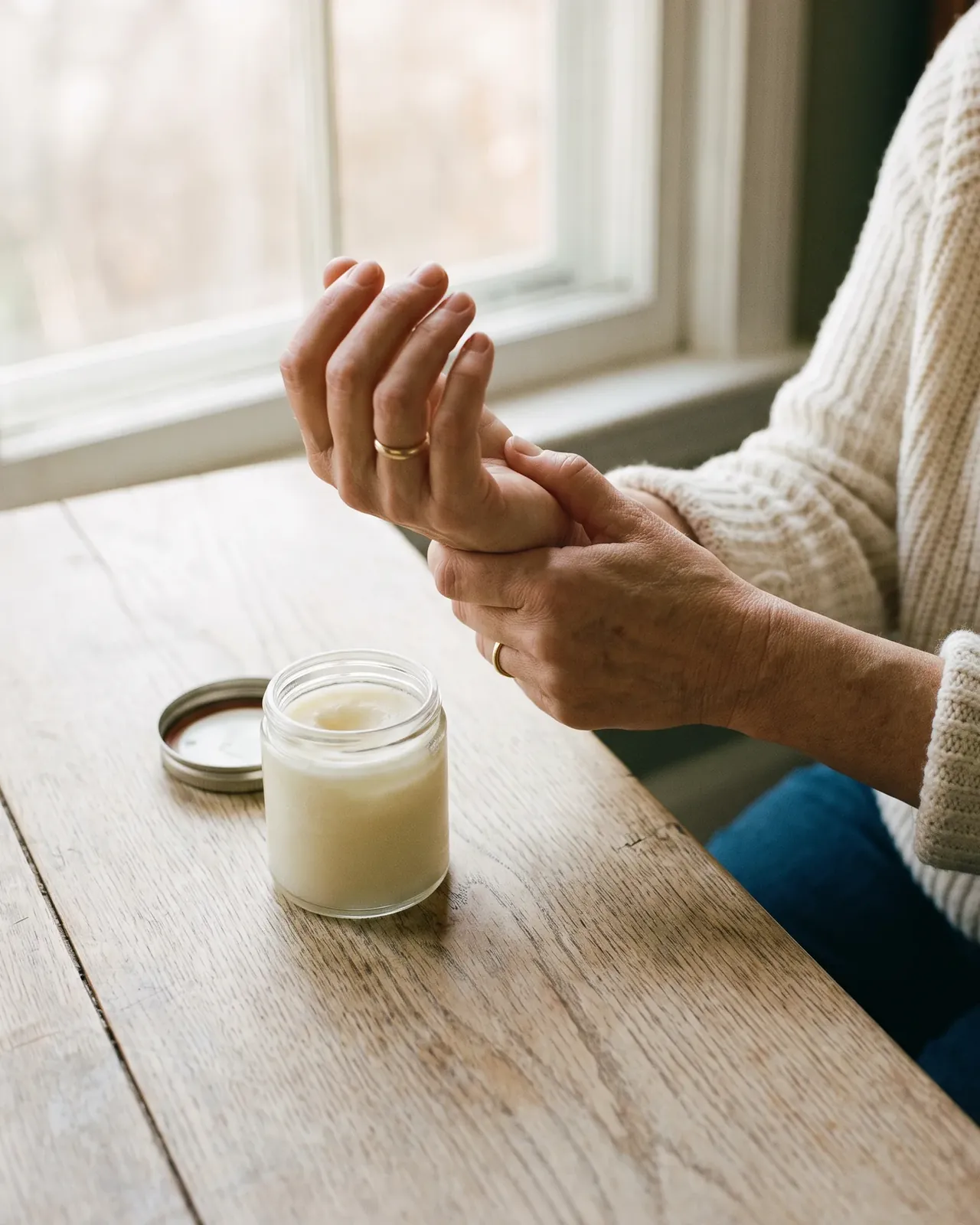 Hands resting on a wooden table as one hand rubs the aching base of the other thumb, beside an open jar