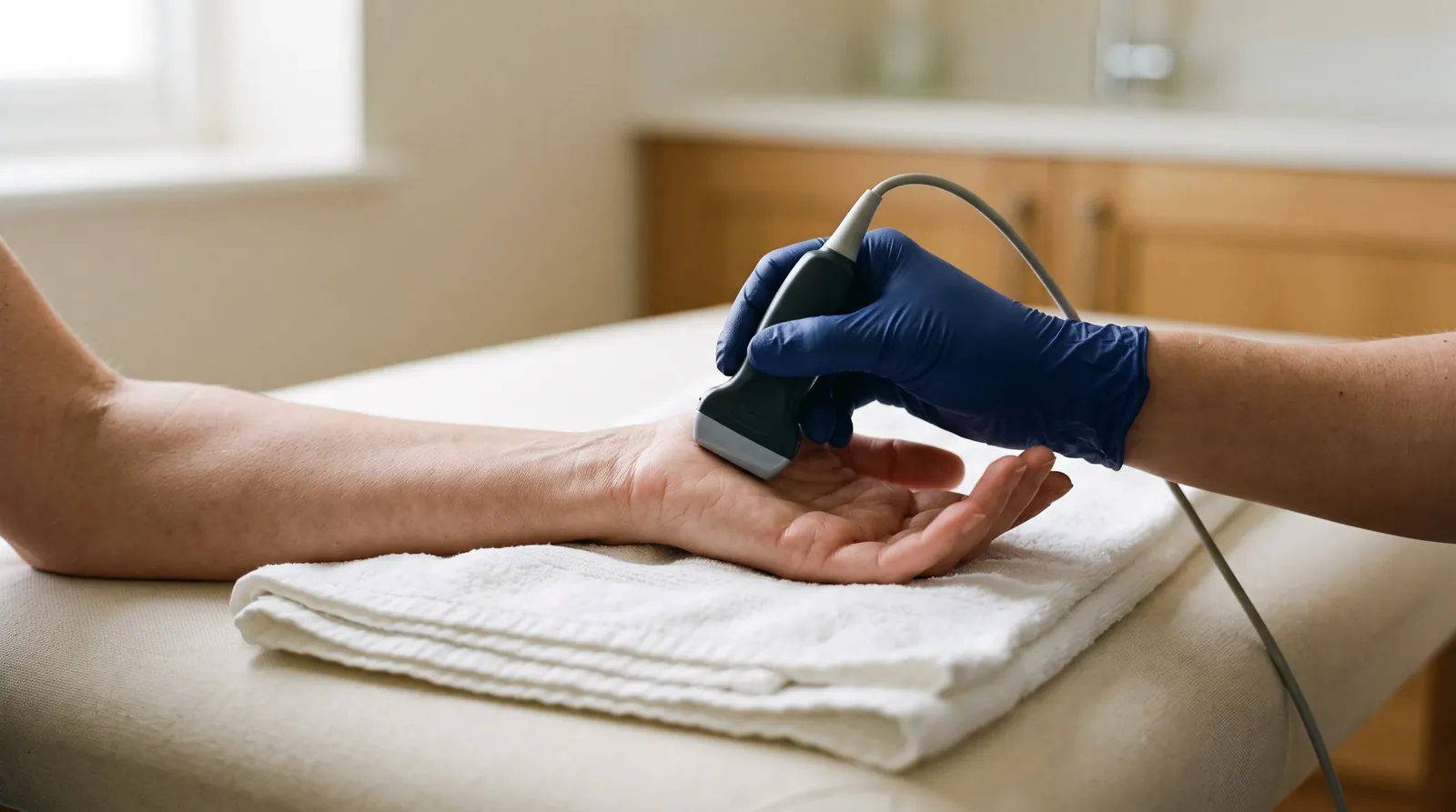 Clinician placing a small ultrasound probe on a patient's wrist