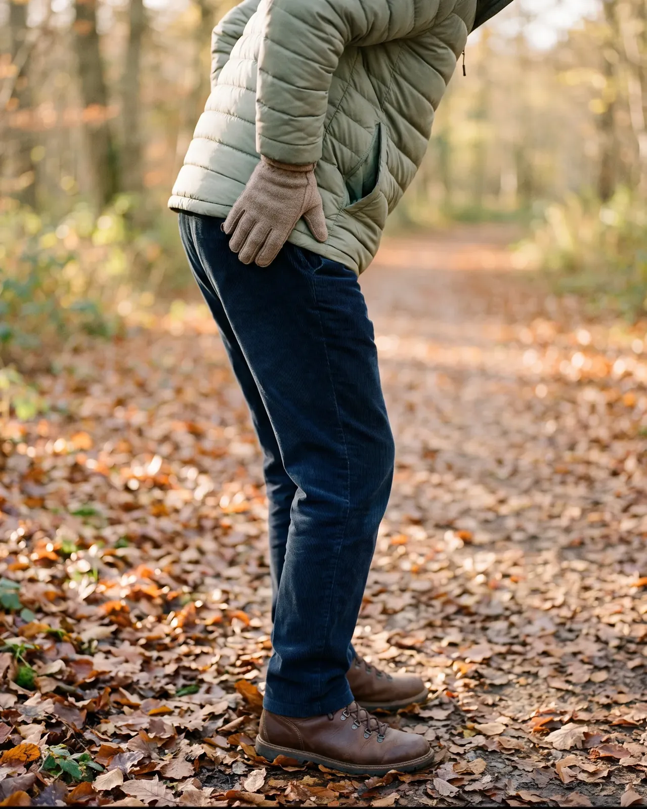 A walker paused on an autumn woodland path, pressing a gloved hand into the outer side of the hip