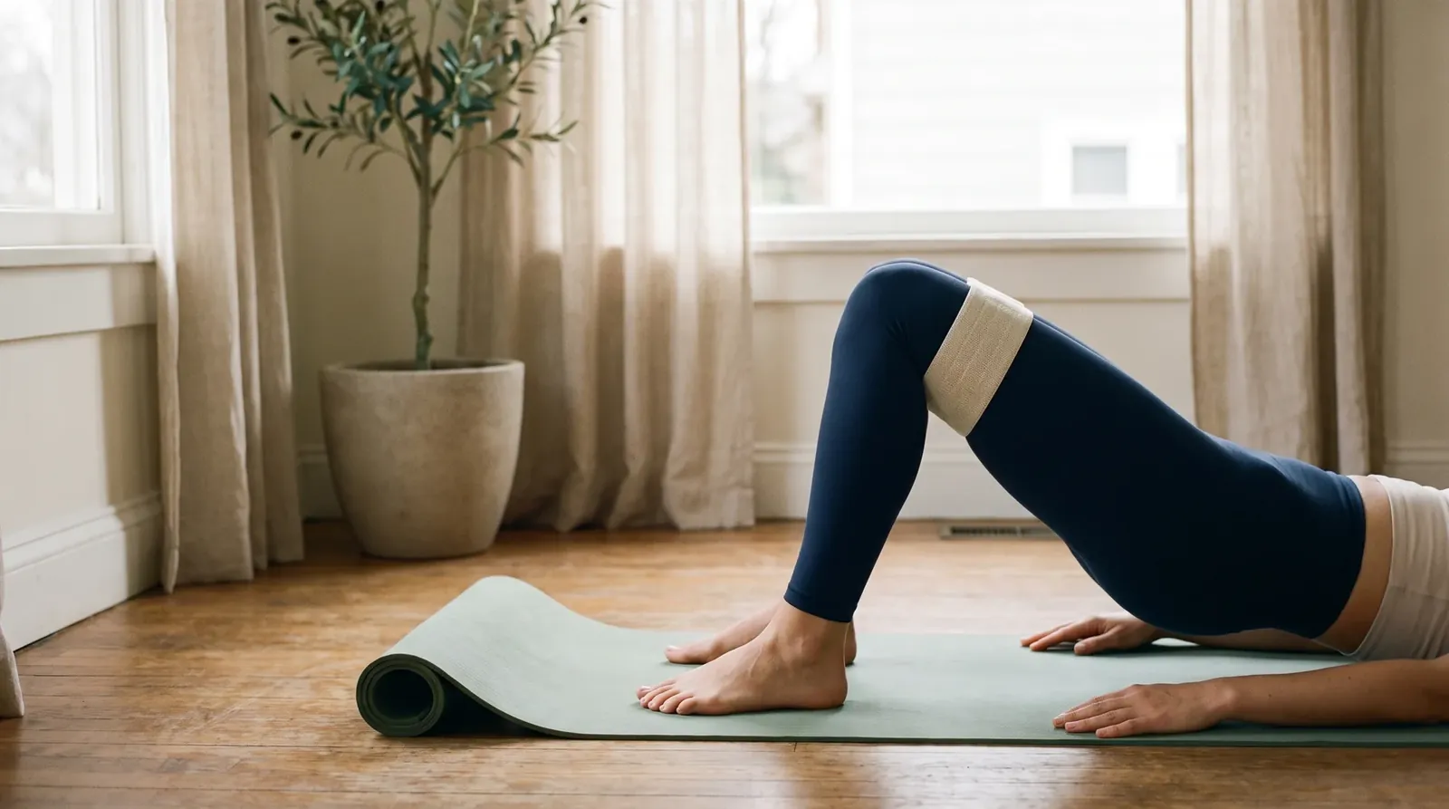 A glute bridge on an exercise mat, a soft band just above the knees