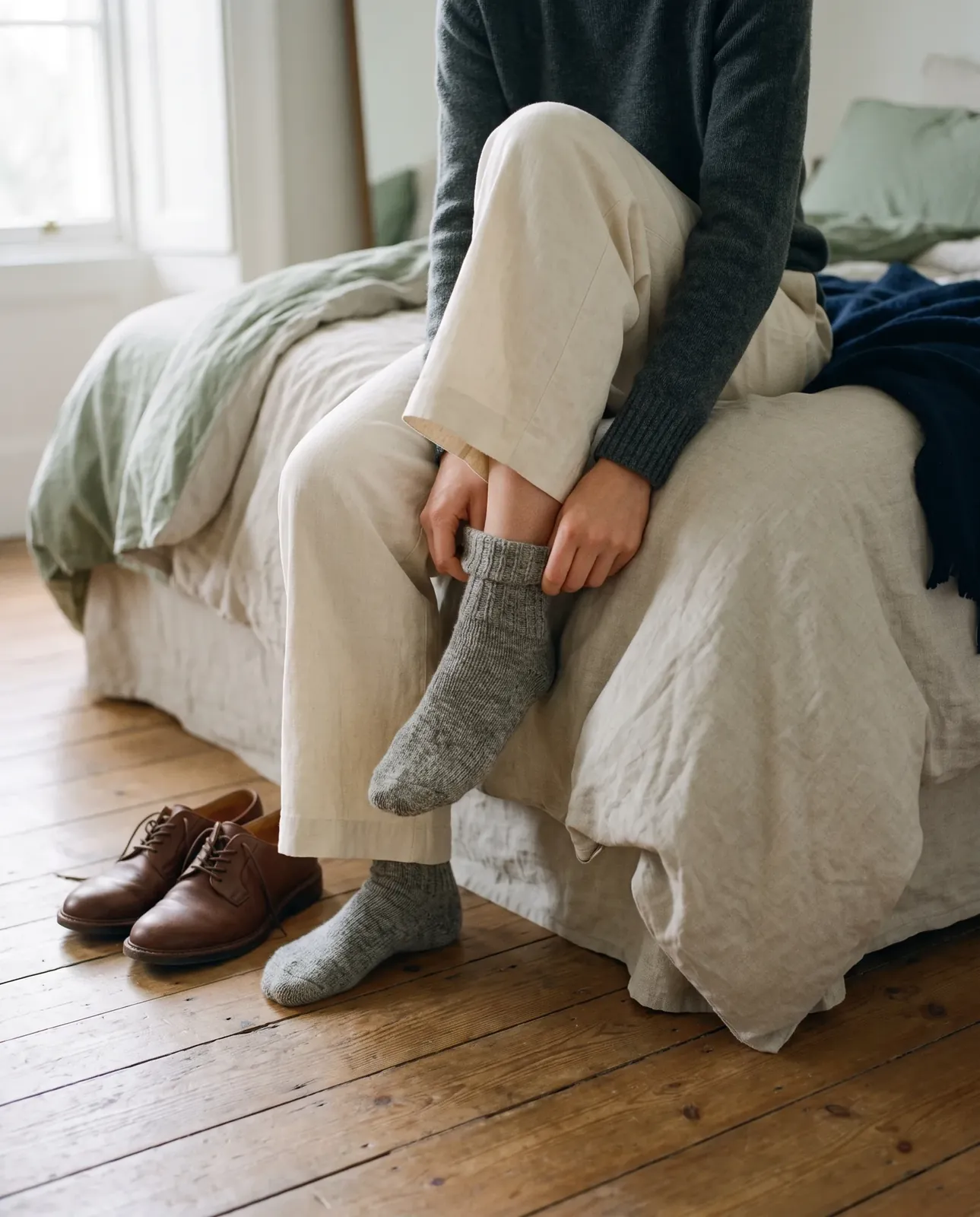 Sitting on the edge of a bed, easing a wool sock onto one foot