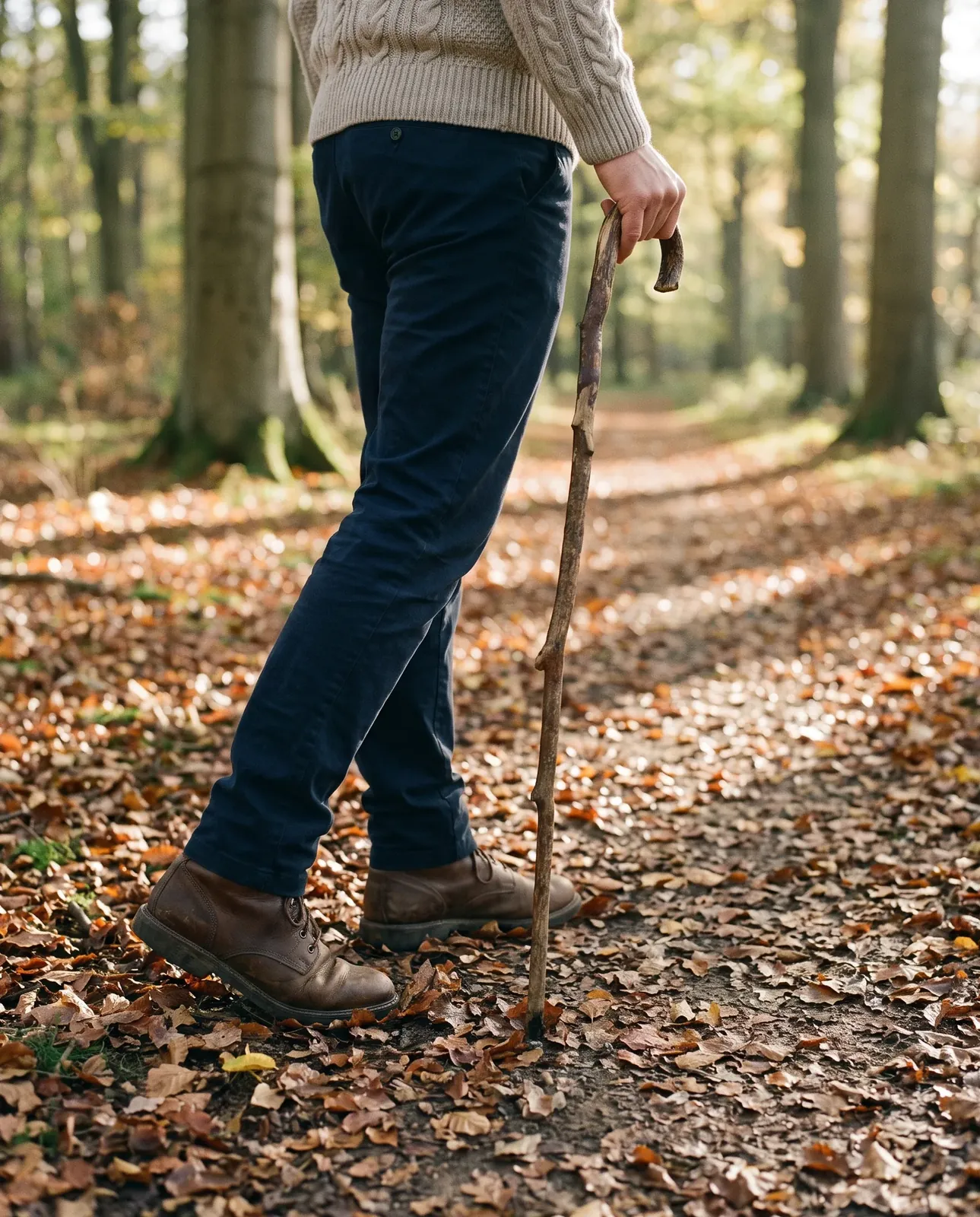 Walking boots and a walking stick on a leaf-strewn woodland path