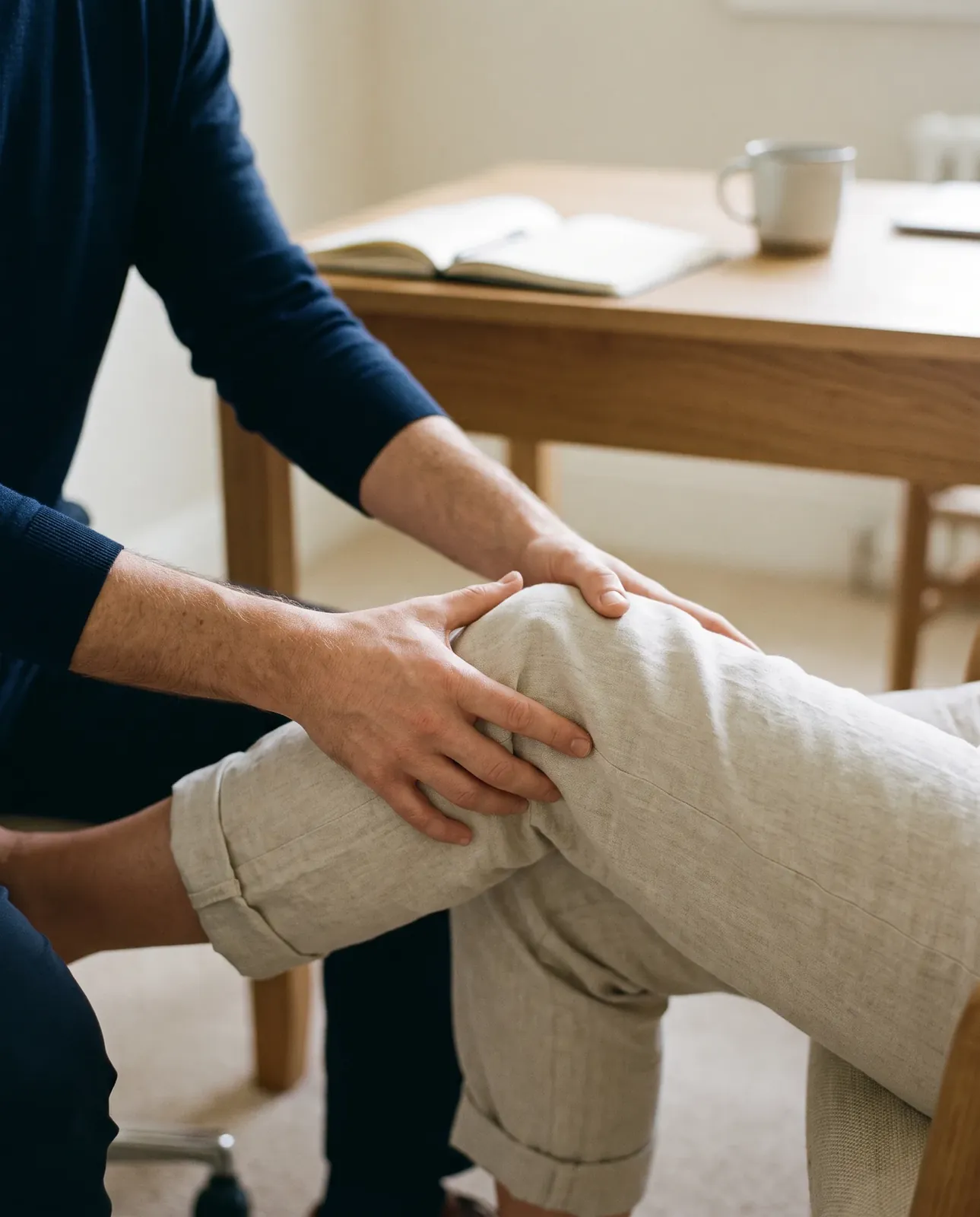 A clinician gently examining a patient's knee