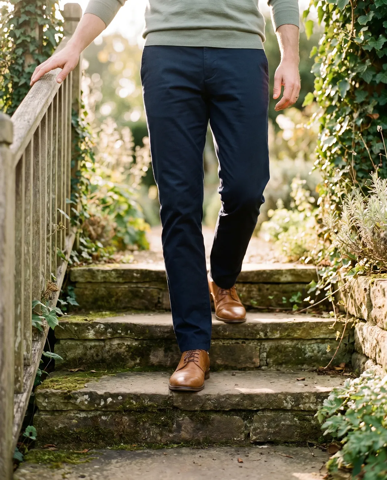 A person walking easily down garden steps