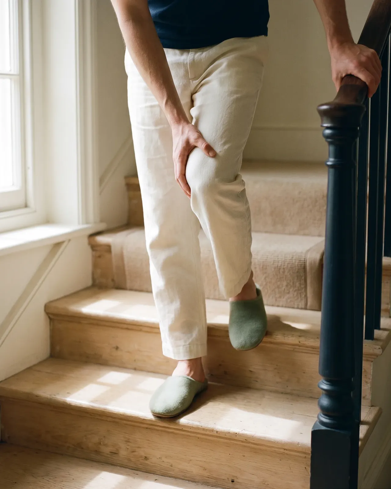 Someone pausing at the top of the stairs, one hand on the banister and the other pressed to a sore knee