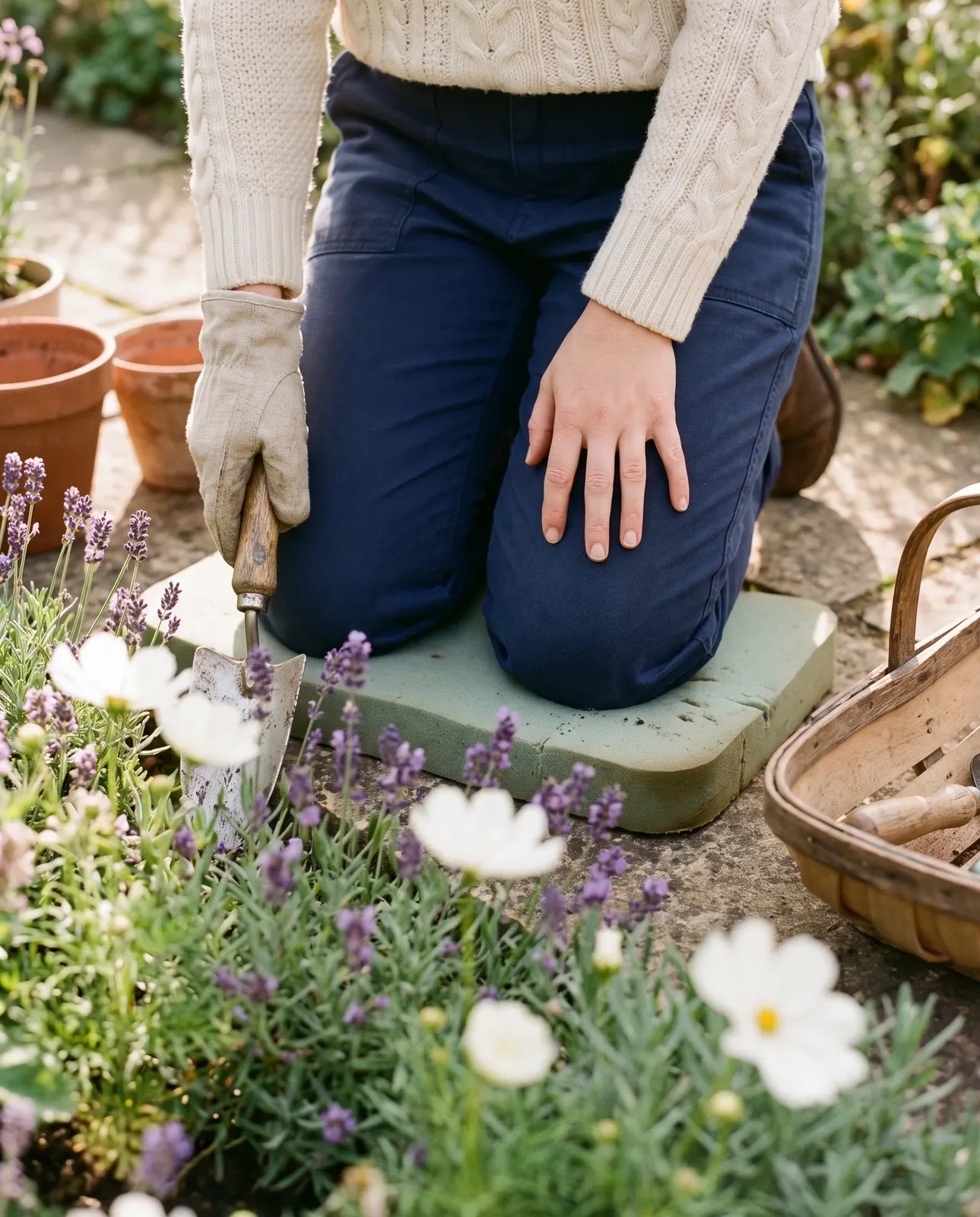 Kneeling on a garden kneeler beside a lavender border, one hand on the knee