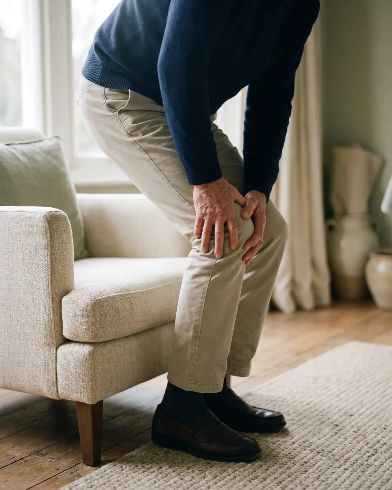 Someone pushing up from a linen armchair with both hands pressed around a stiff, painful knee