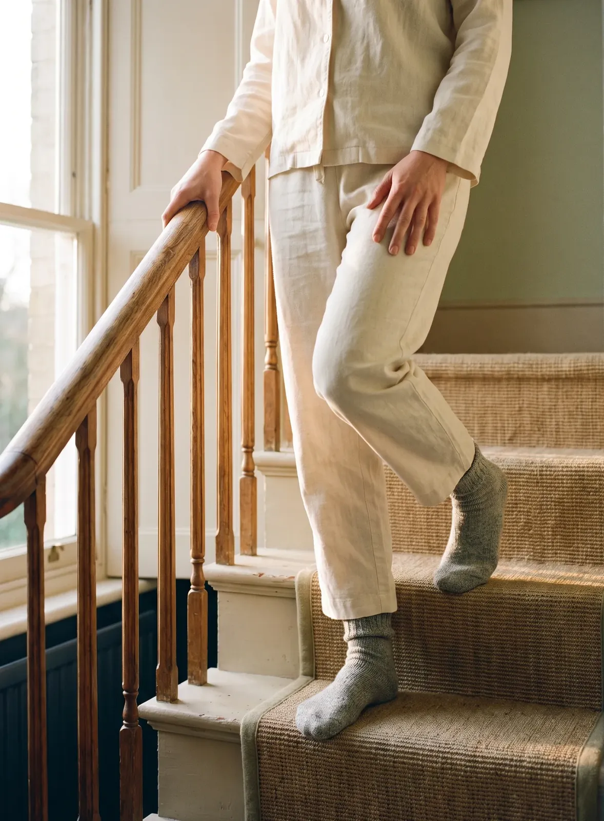 Walking carefully down a staircase in the morning, one hand on the banister