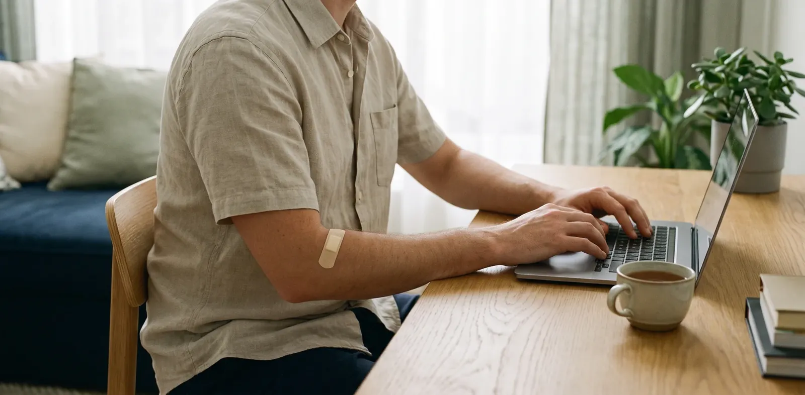A man back at his desk at home, a small neat dressing on his forearm and a cup of tea beside his laptop