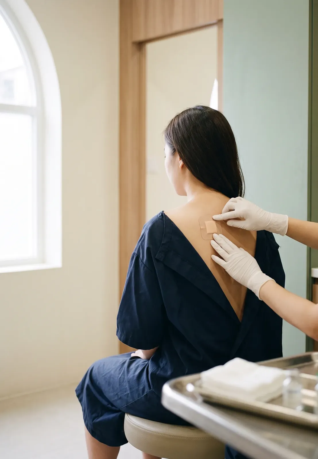 A clinician's gloved hands smoothing the edges of a small, neat dressing on a patient's upper back