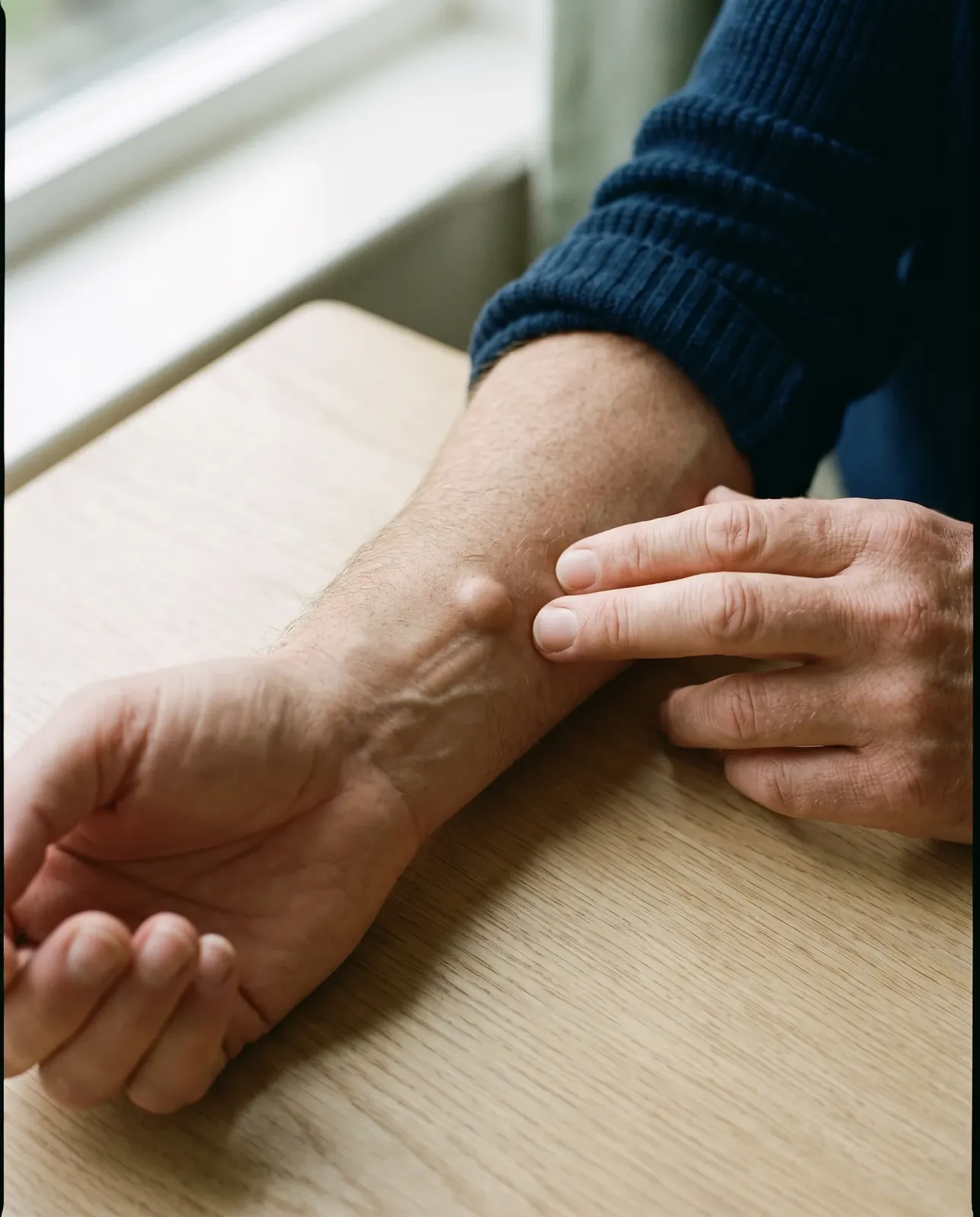 Fingertips gently feeling a small lump under the skin of a forearm resting on a table by a window