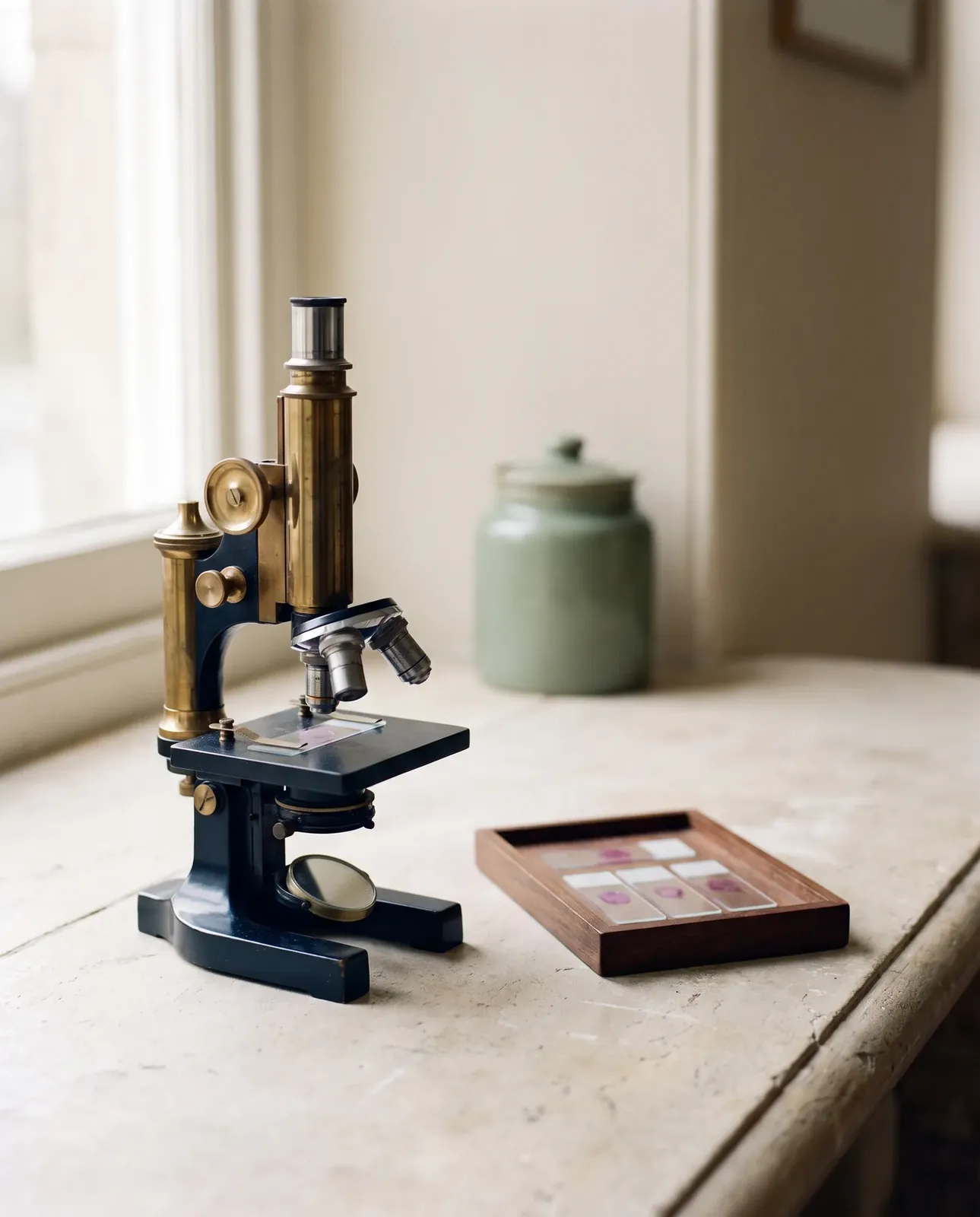 A laboratory microscope beside a small tray of glass slides with stained tissue sections