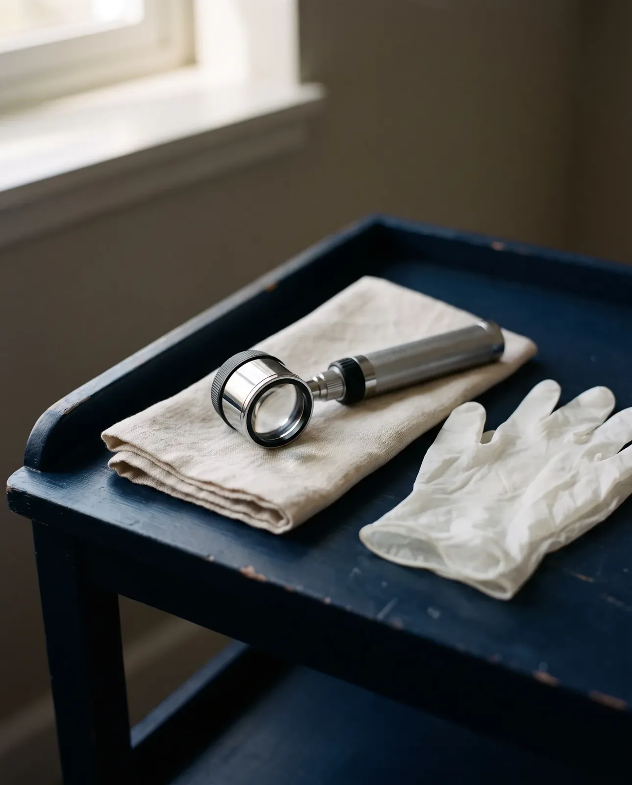 A dermatoscope resting on a folded linen cloth beside a pair of examination gloves