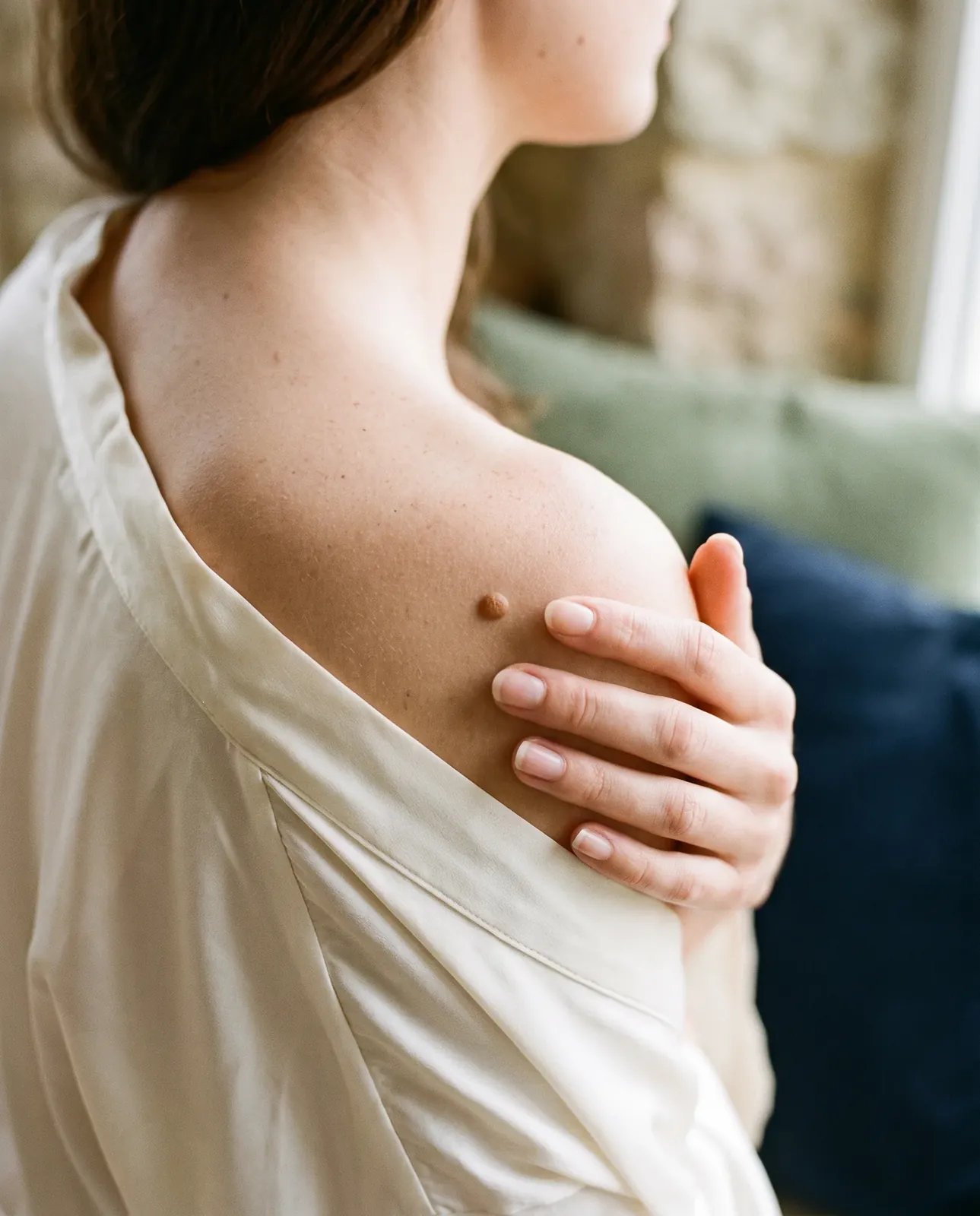 A woman seen from behind, her fingertips resting beside a small brown mole on her shoulder