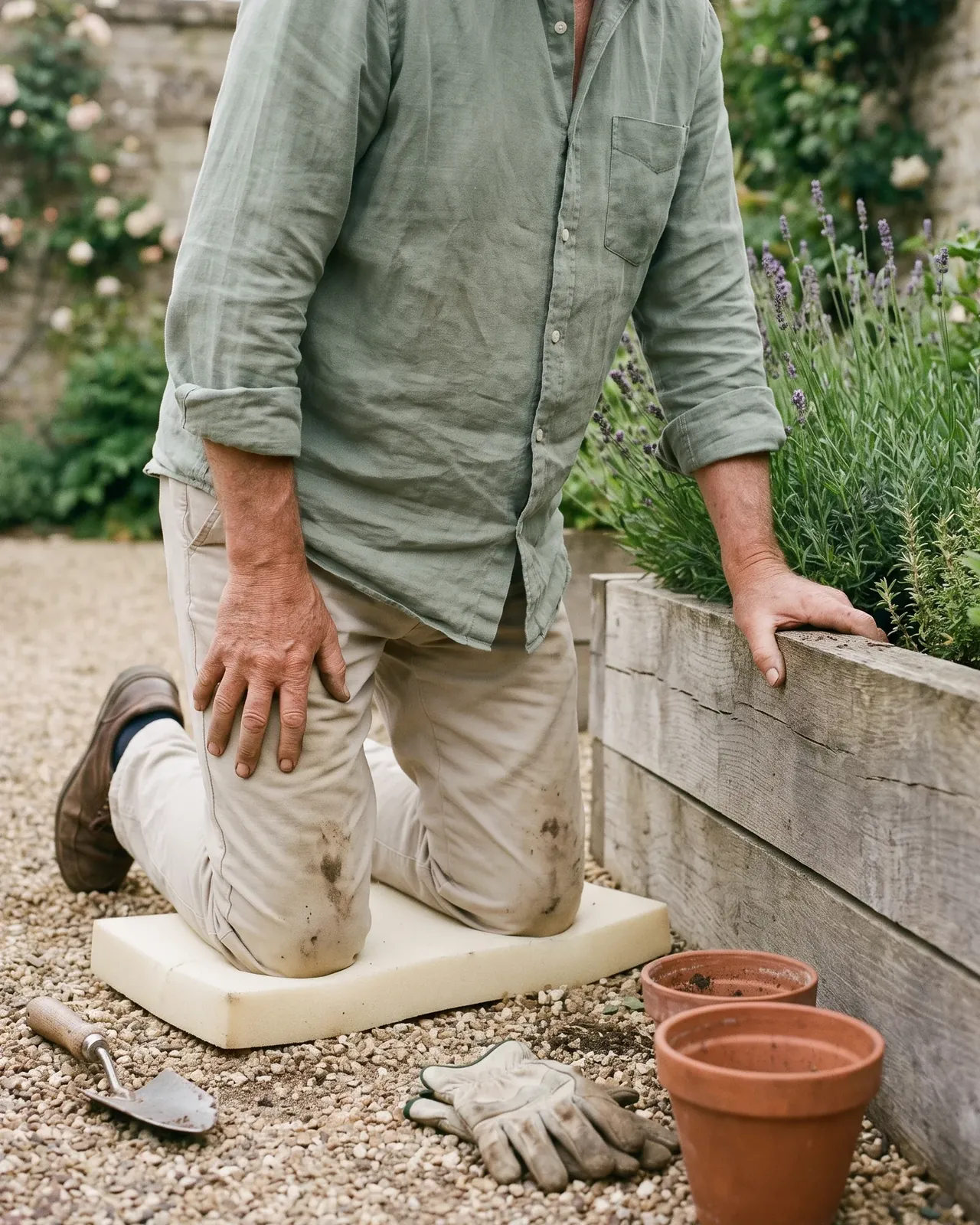 A gardener kneeling on a foam kneeler beside a raised lavender bed, one hand pressed on the thigh above a stiff knee, the other on the timber edge