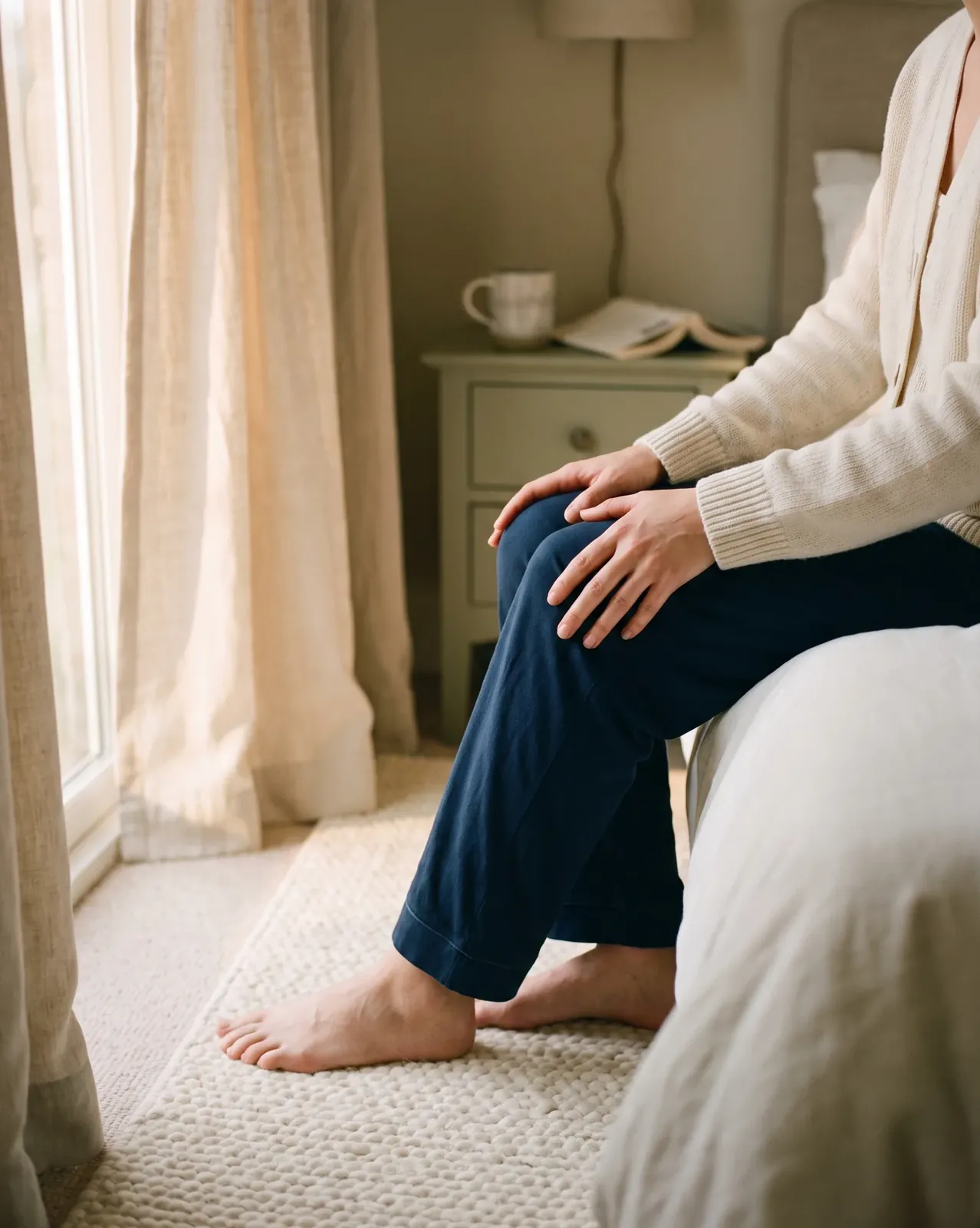 Early morning: a person sitting on the edge of the bed, hands resting on one knee