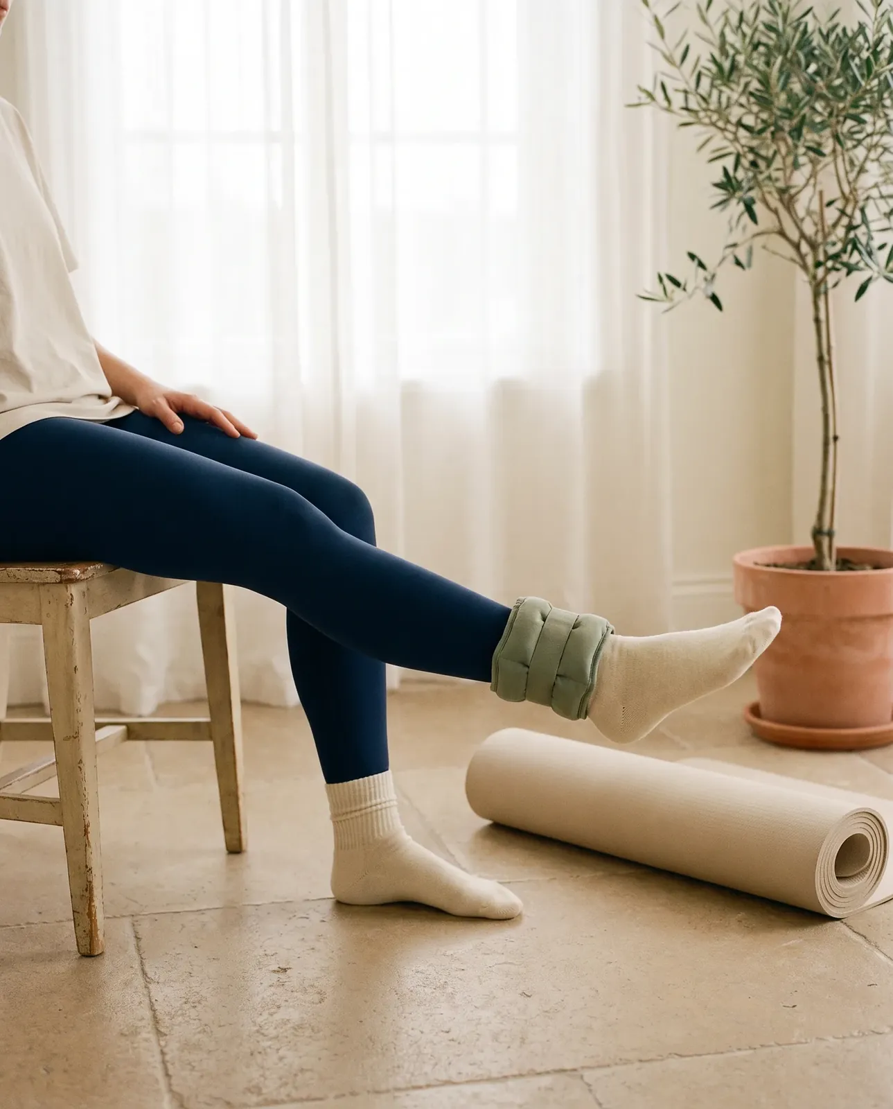 A person seated on a wooden chair gently straightening one knee with a light ankle weight