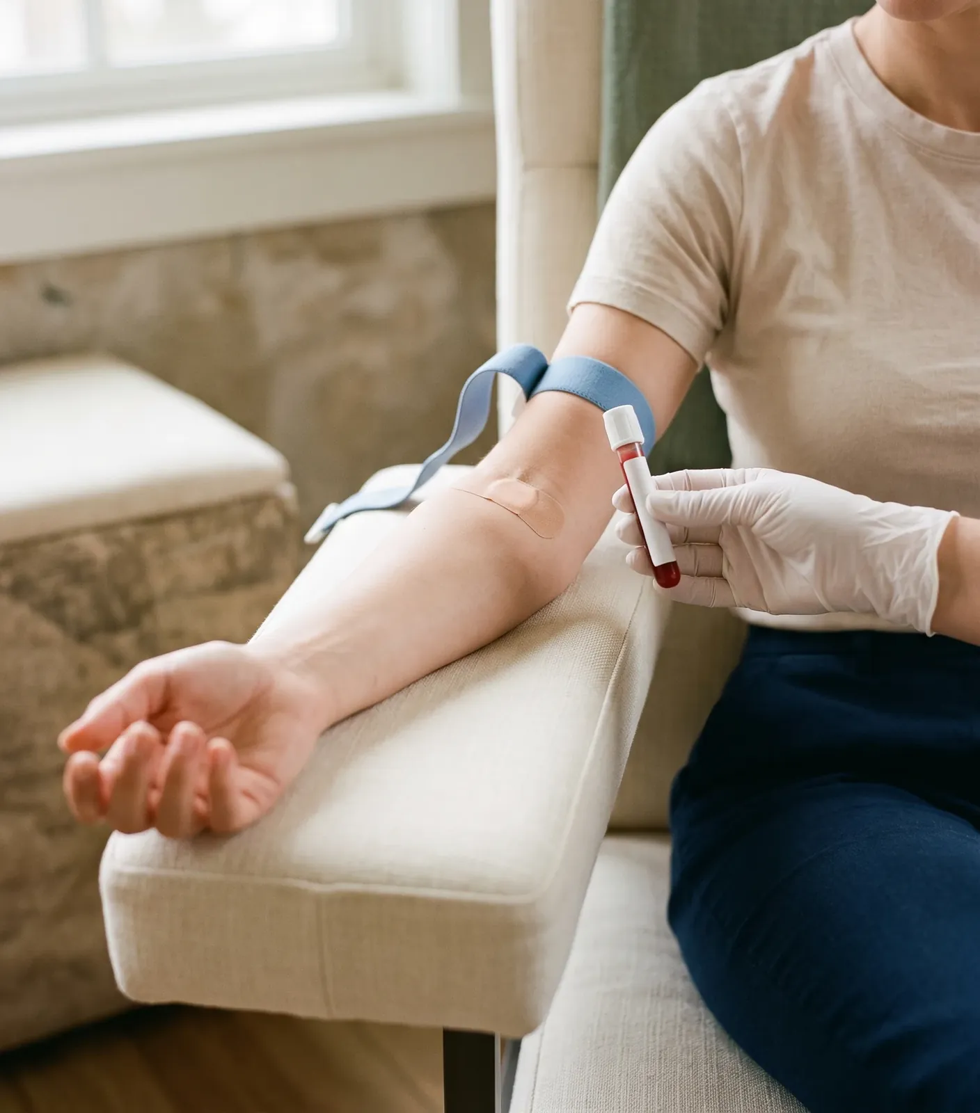 A patient's forearm on an armrest with a loosened tourniquet and a small plaster, beside a gloved hand holding a filled blood tube