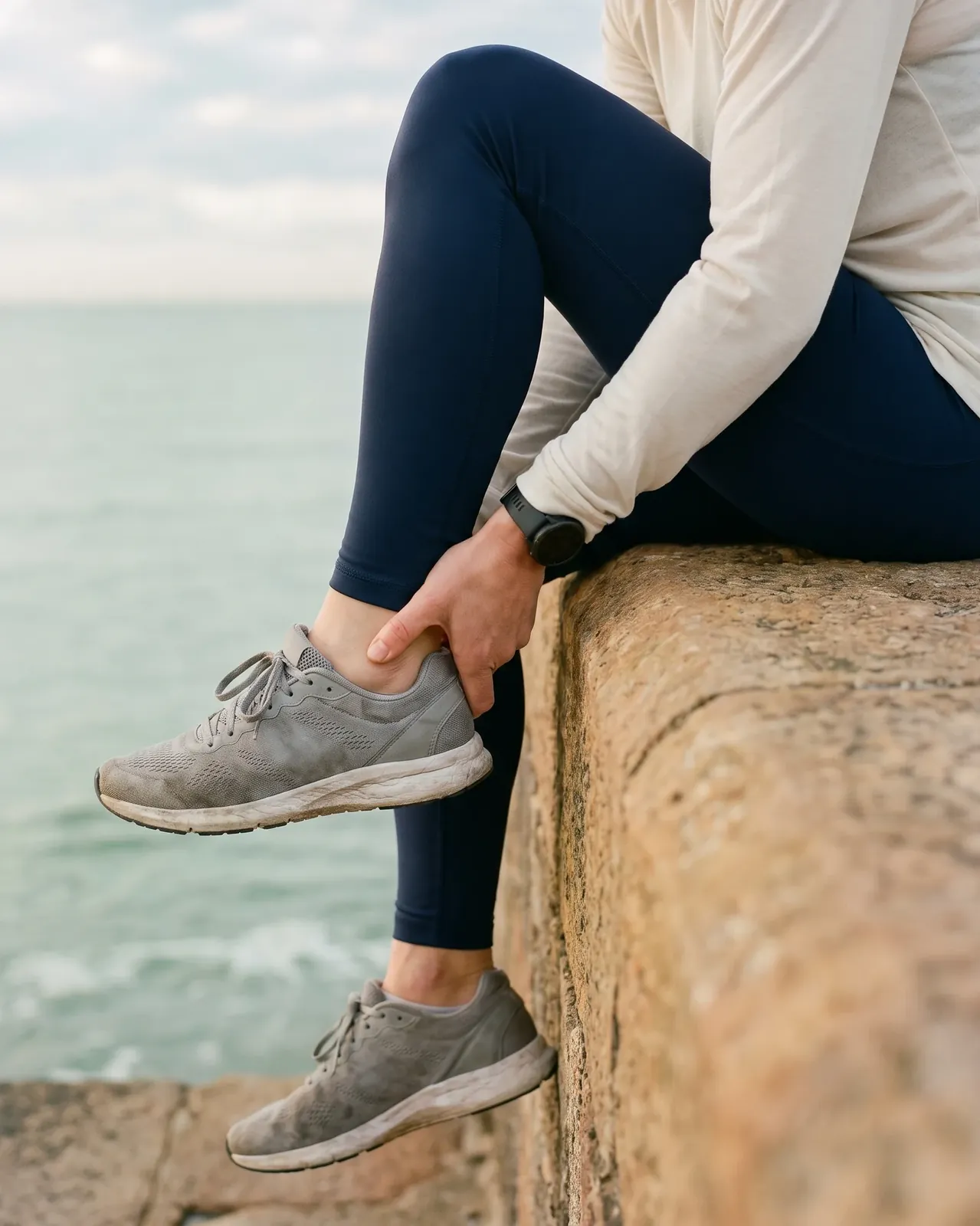 A runner sitting on a sea wall after a run, pressing the back of the ankle just above the heel
