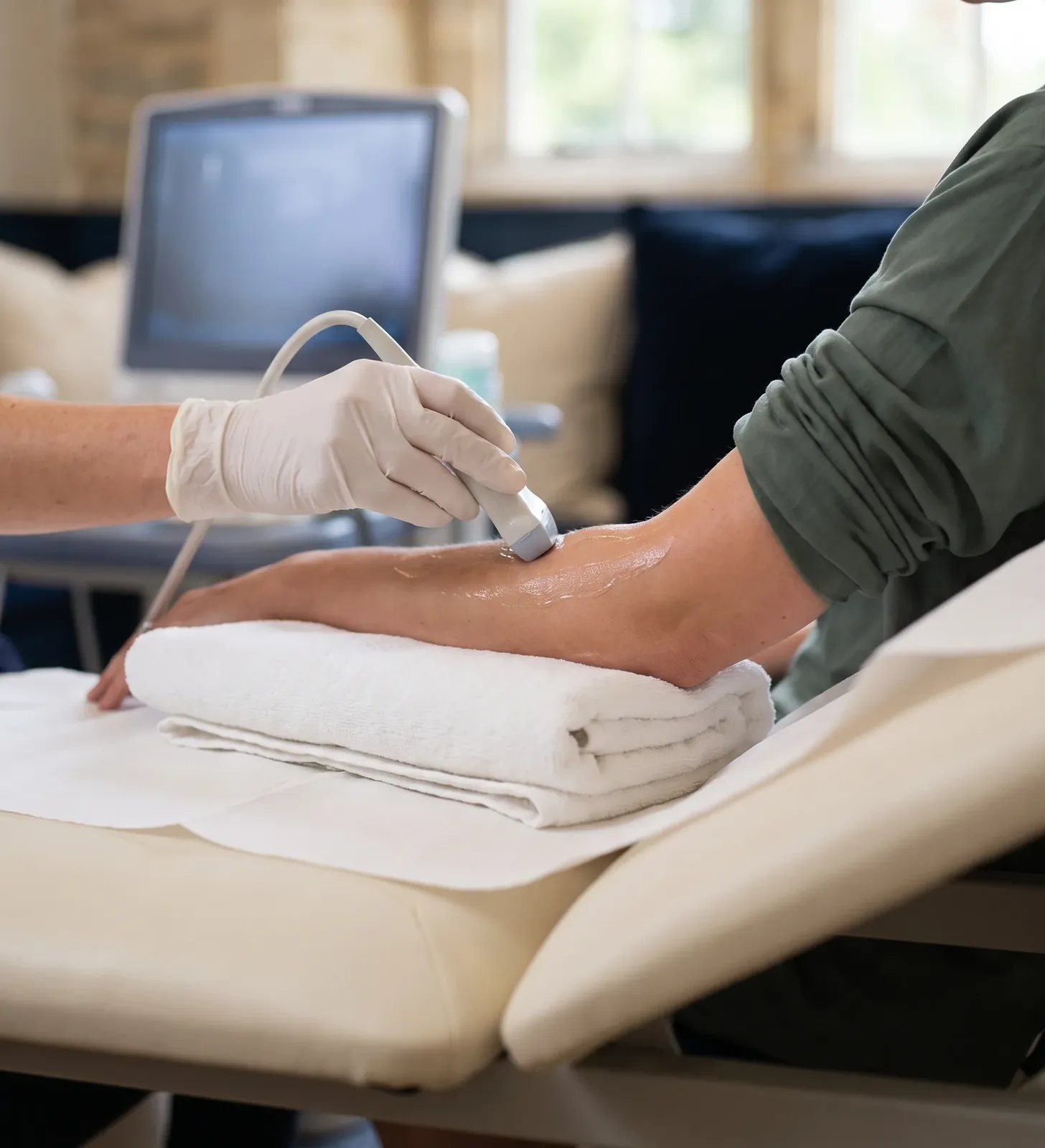 A gloved hand holding an ultrasound probe against the outer side of a patient's elbow